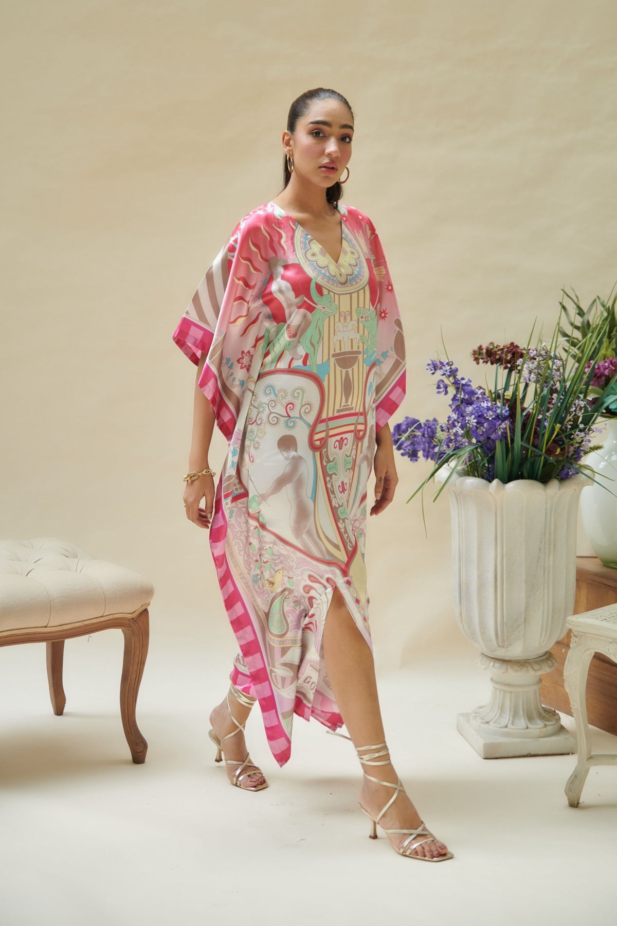 Pink Printed Long Kaftan Dress