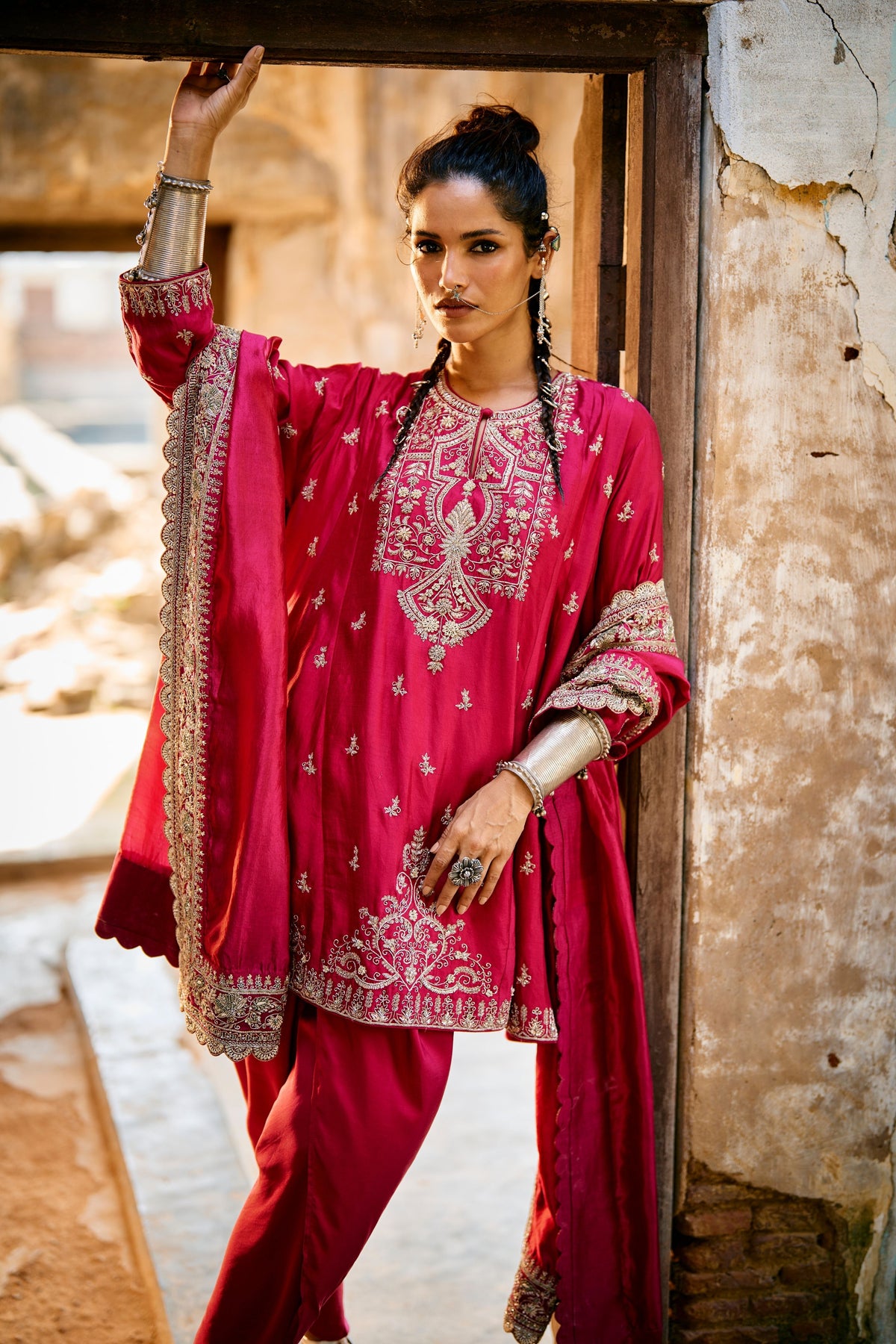 Embroidered Rani Pink Kurta Set