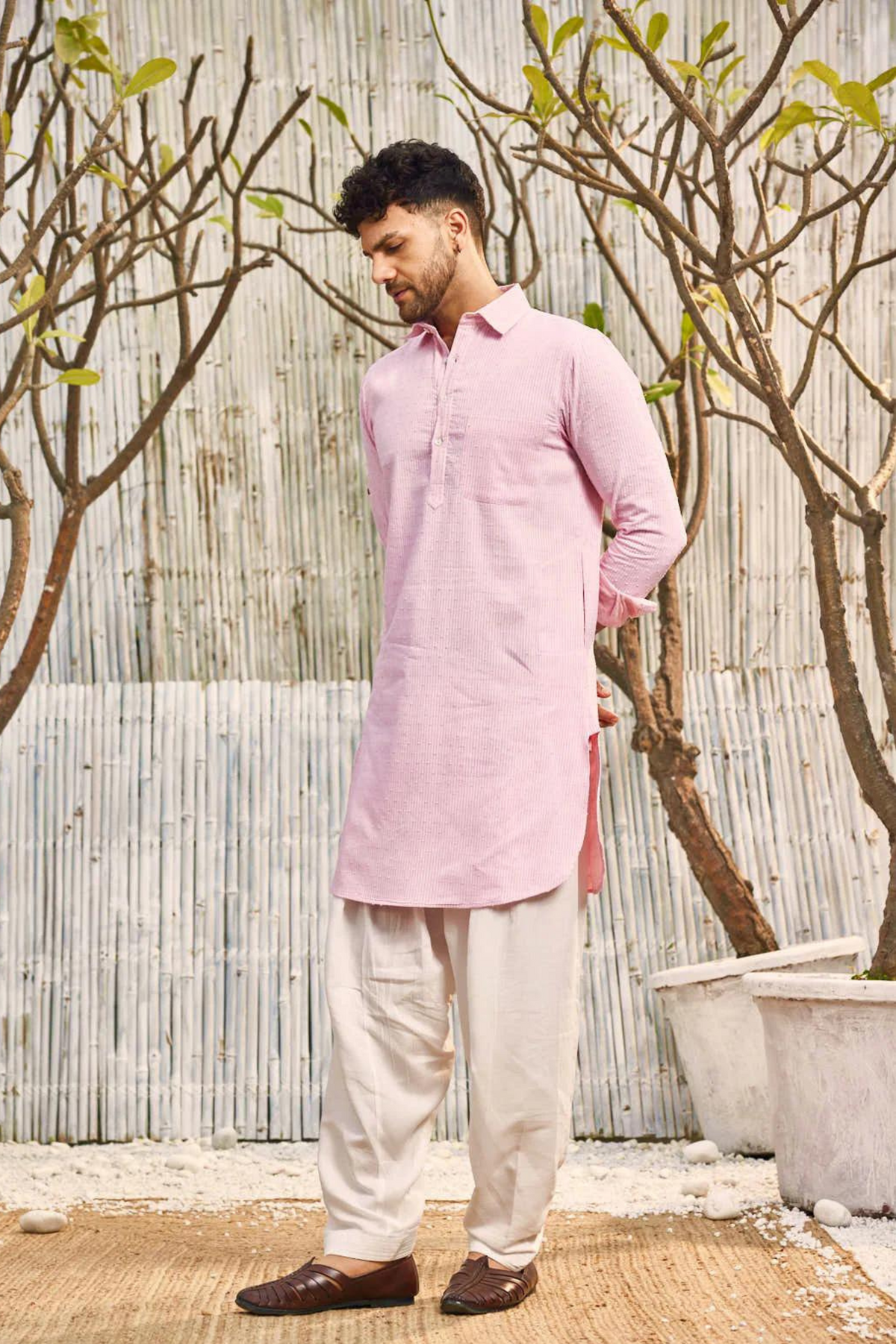 Chanderi Pink Pathani Kurta Set