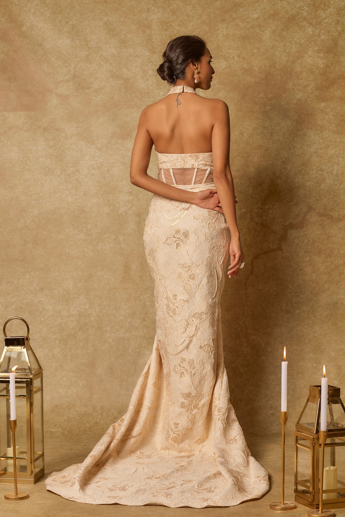 Beige Brocade Embroidered Gown