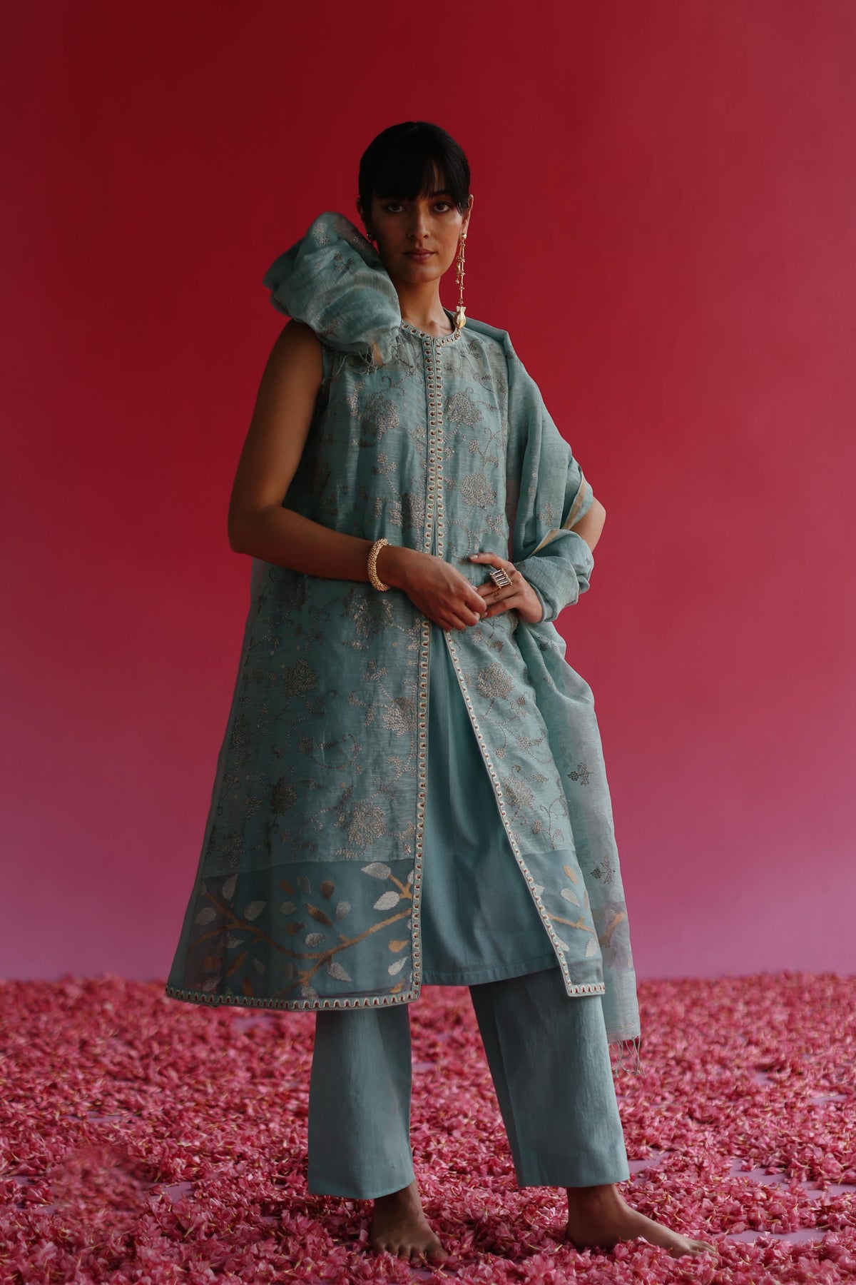 Pushti Blue Jacket Kurta Set