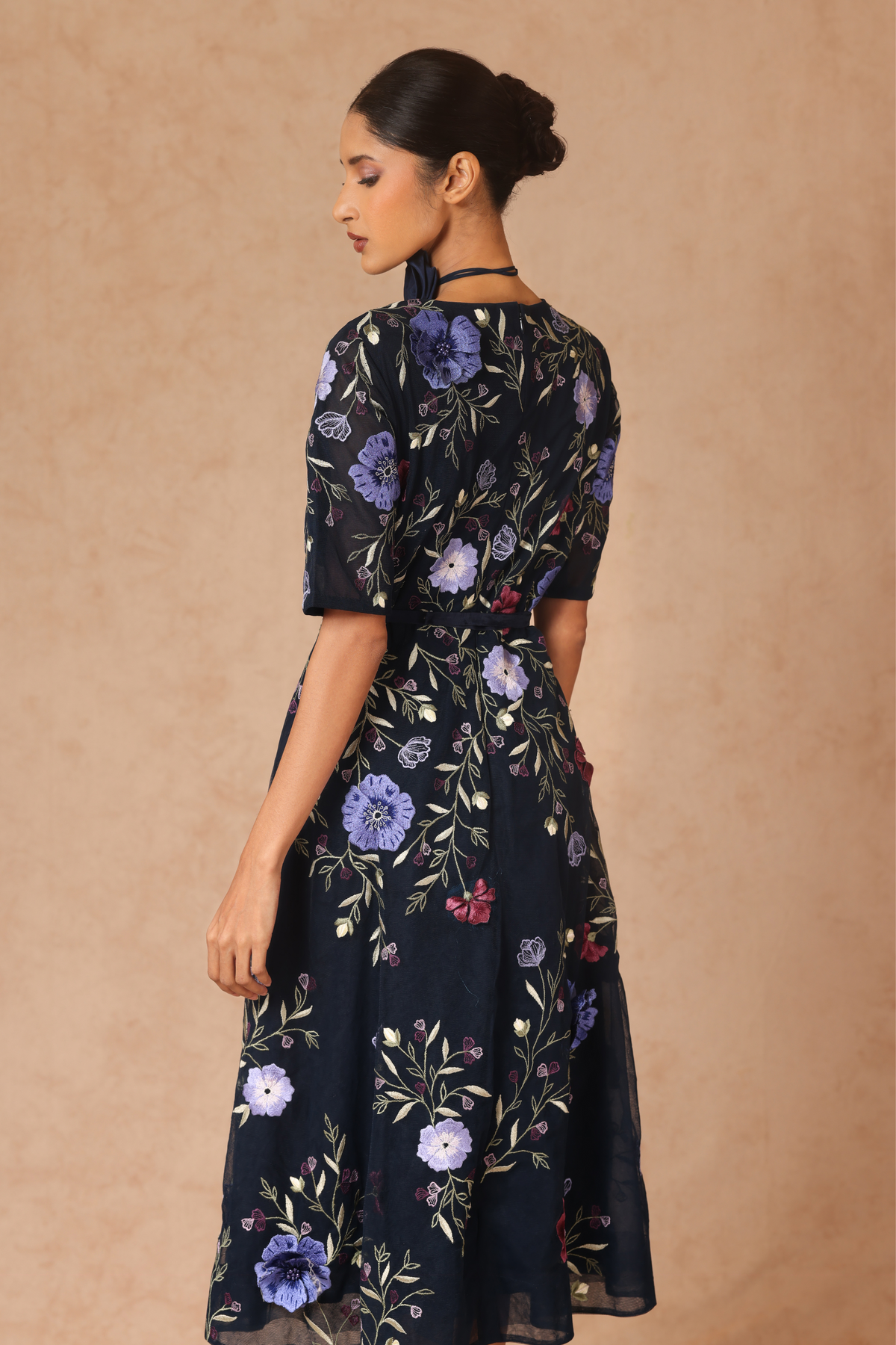 Midnight Blue Floral Flare Dress With Belt