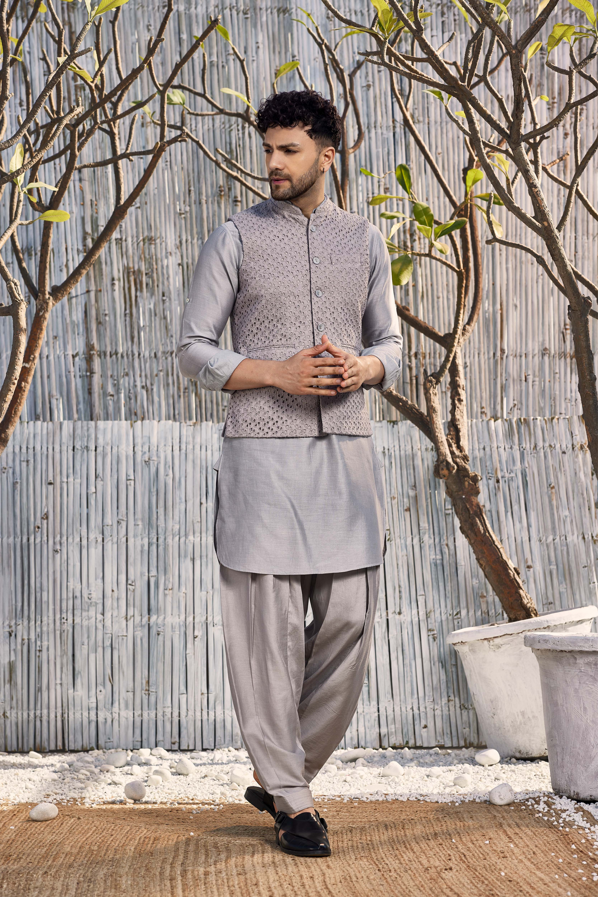 Grey Pathani Kurta Set