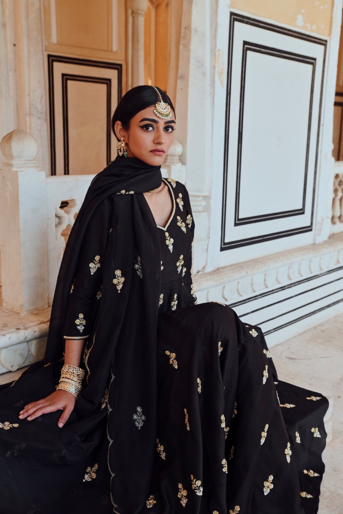 Black Embroidered Kali Anarkali Set