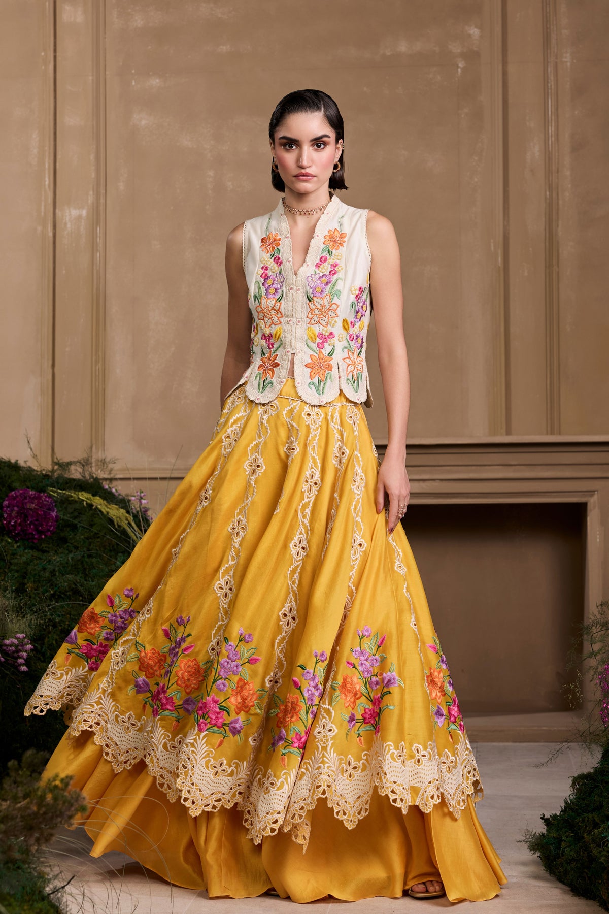 Yellow Floral Embroidered Layered Lehenga