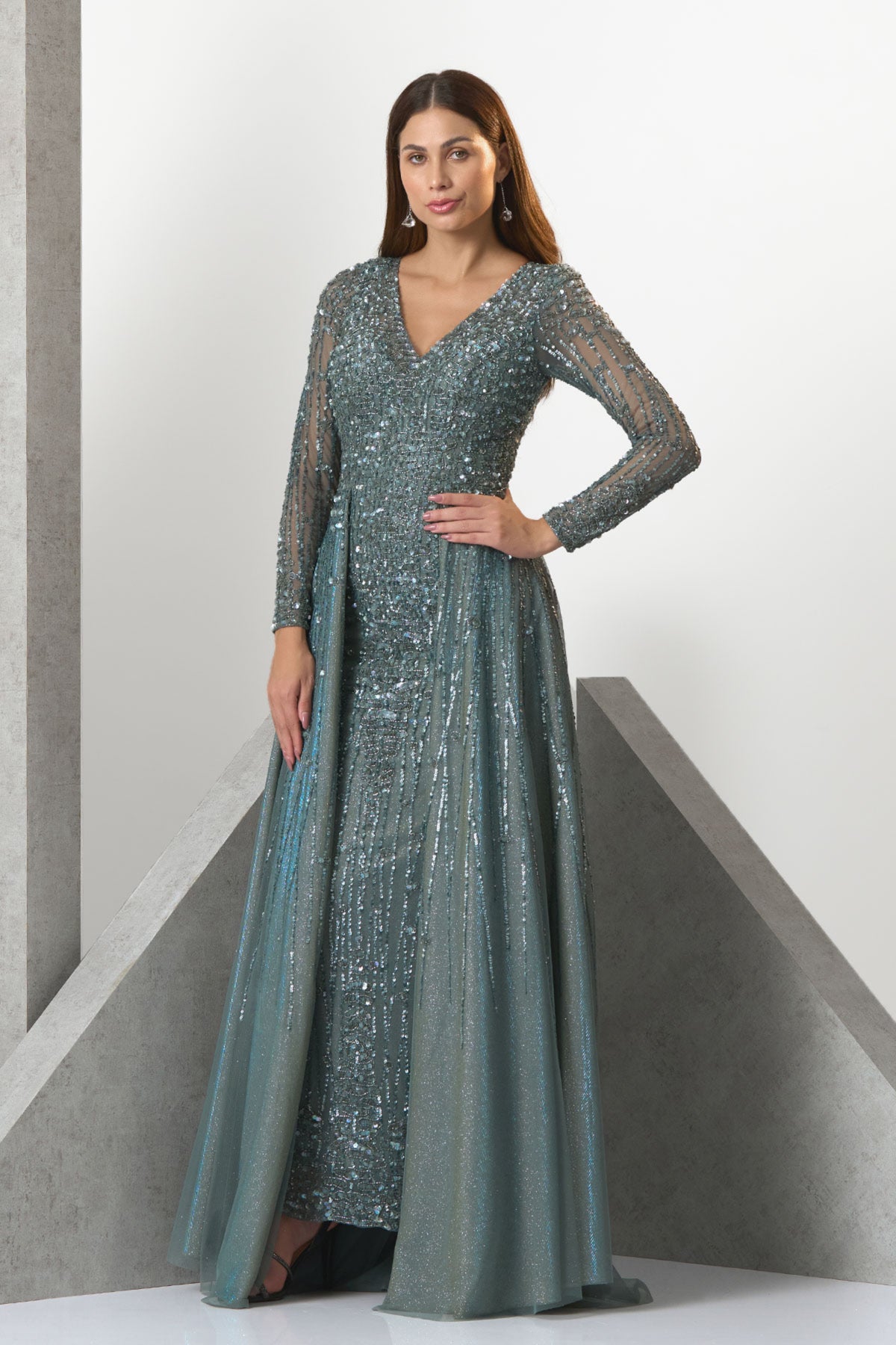 Blue V-neck Princess Evening Gown