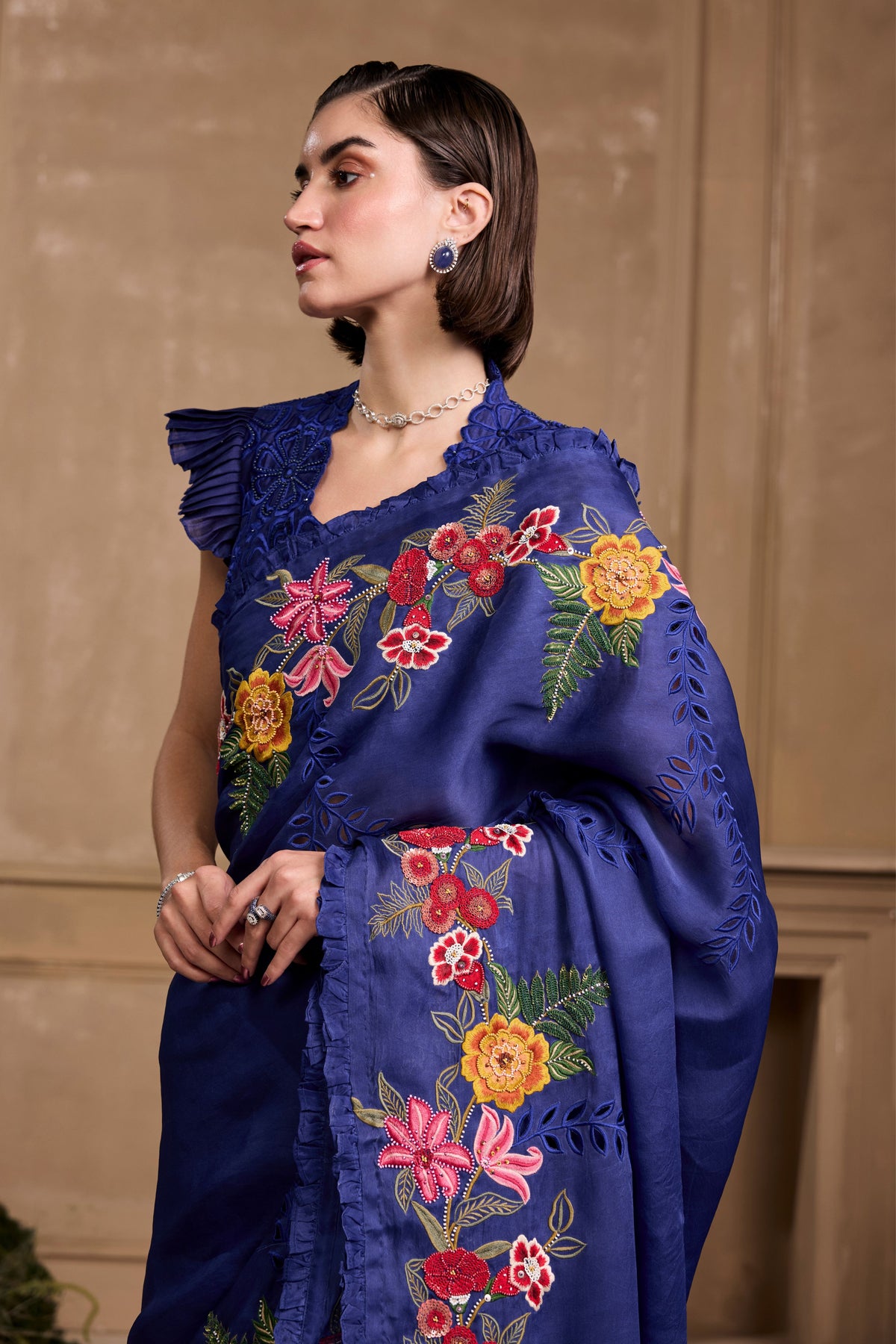 Cobalt Blue Floral Embroidered Saree