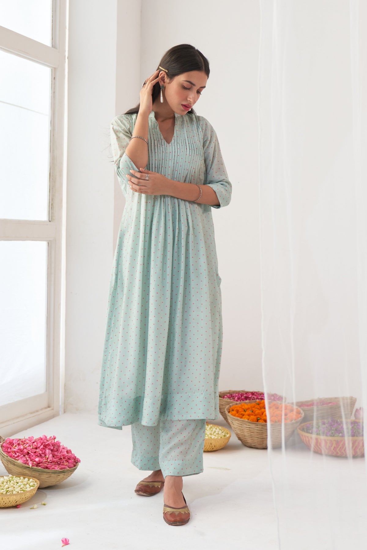 Aqua Peony Kurta Palazzo