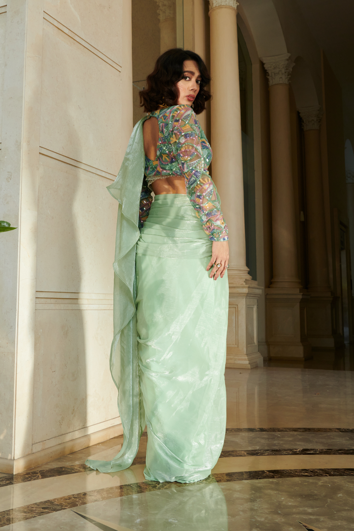 Mint Predrep Saree Set