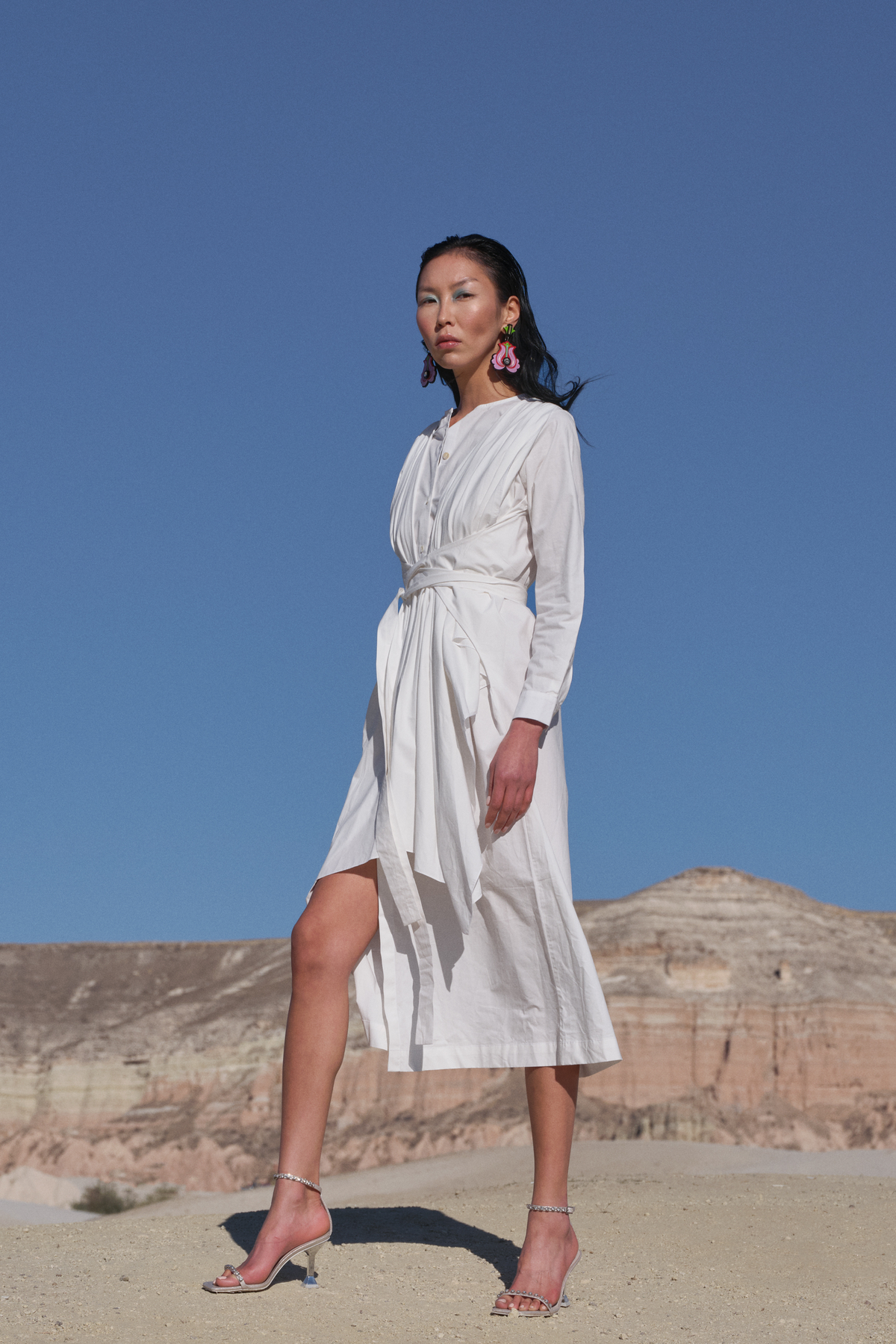Draped Dress With Belt And Centre-slit