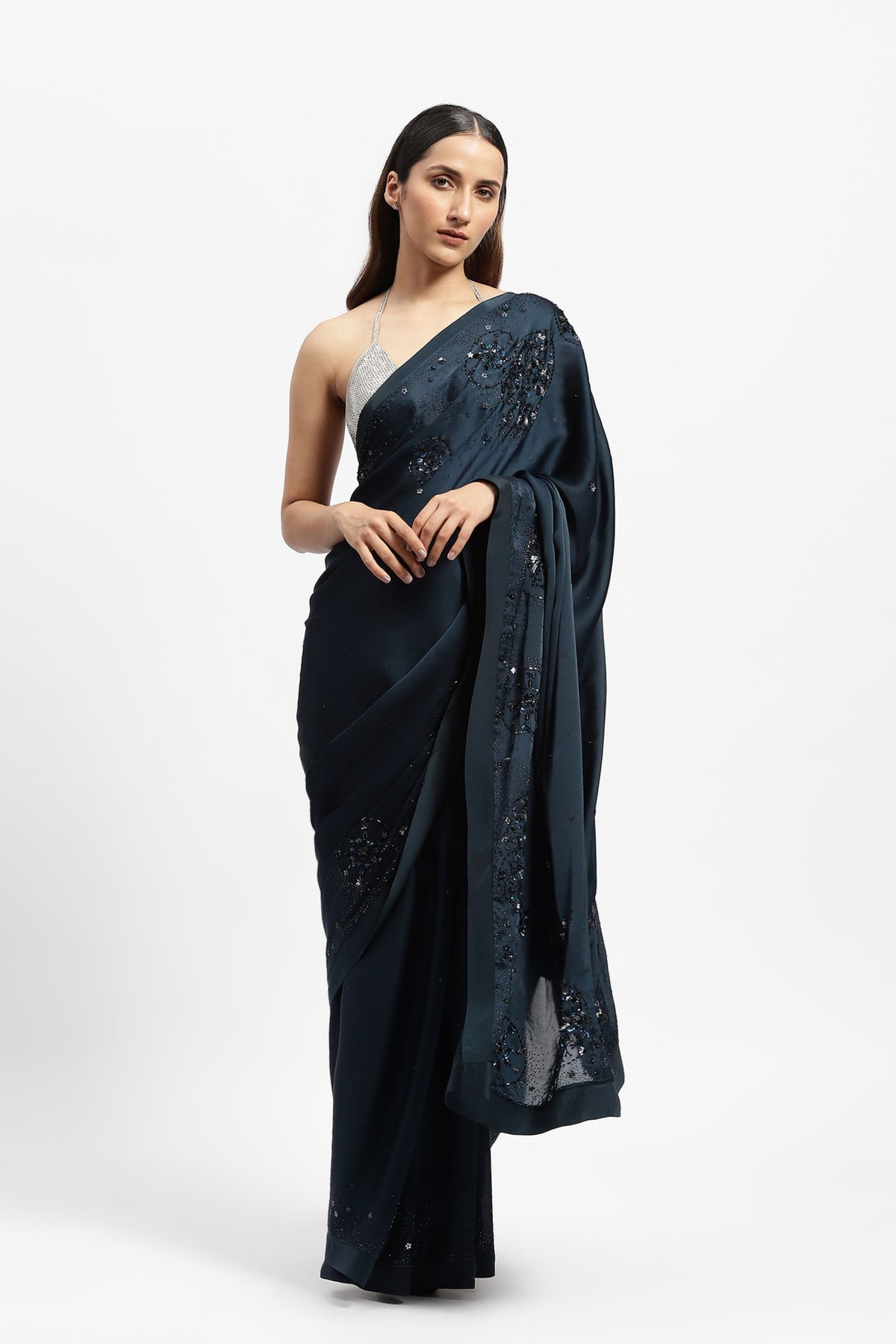 Black Teal Aid Embroidered Saree