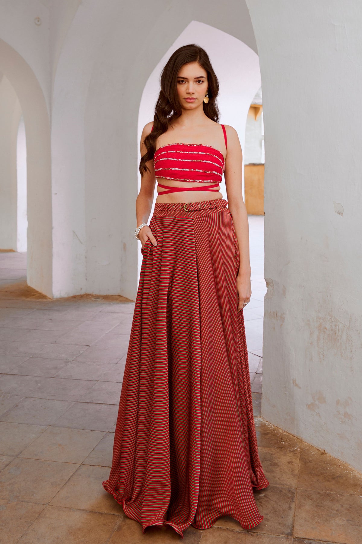 Red Bandeau String Top Skirt Set