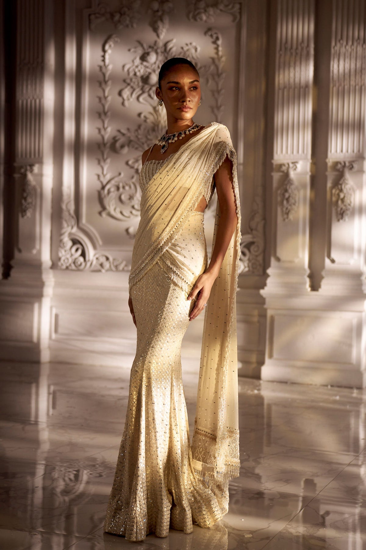 Ivory Drape Saree Set