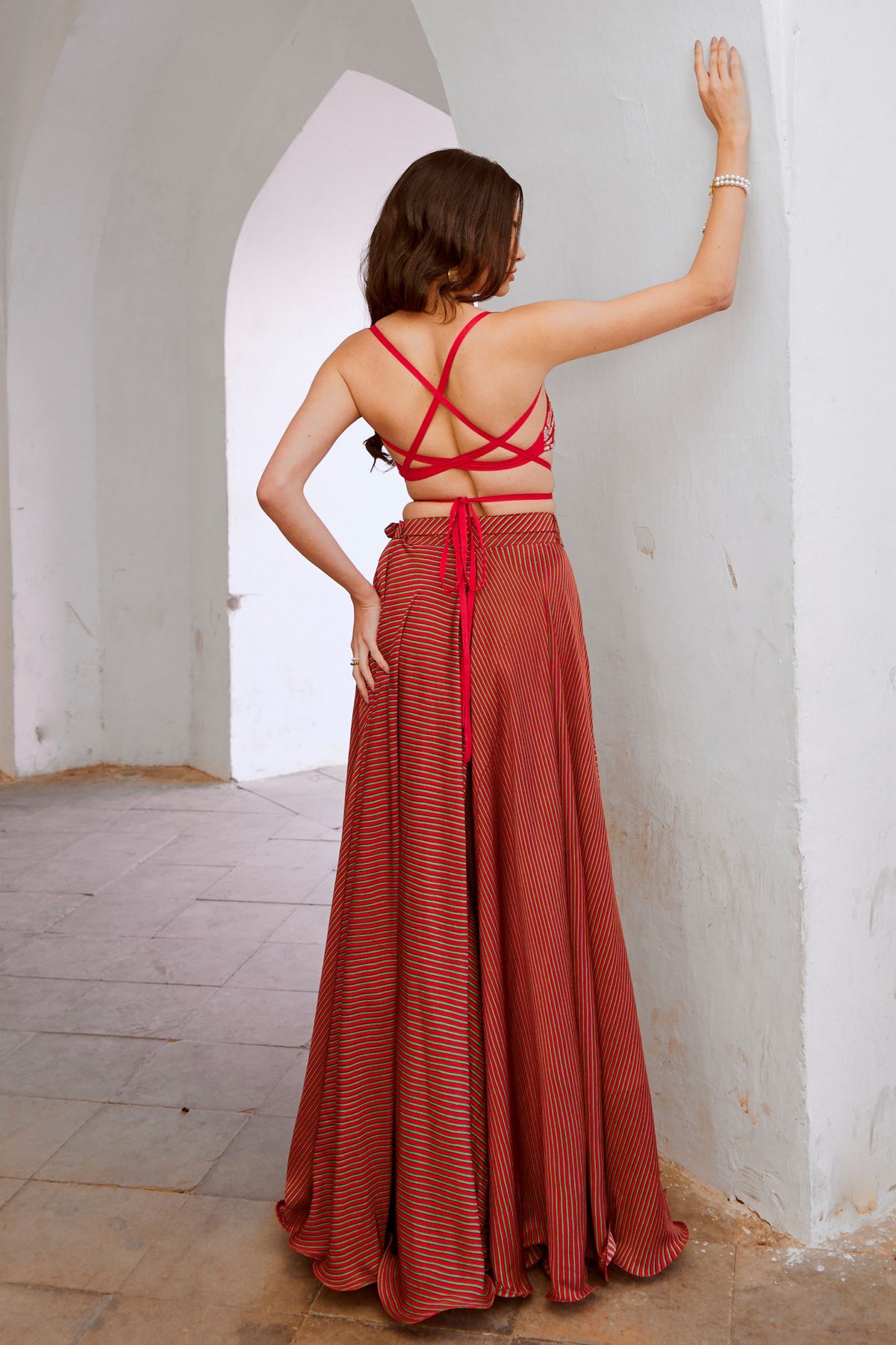 Red Bandeau String Top Skirt Set