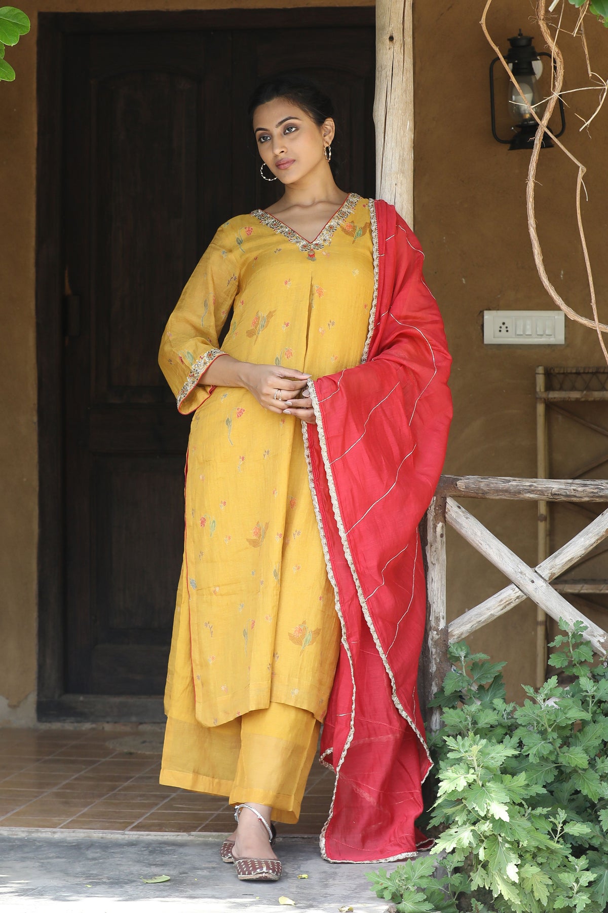 Yellow And Red Kurta Set