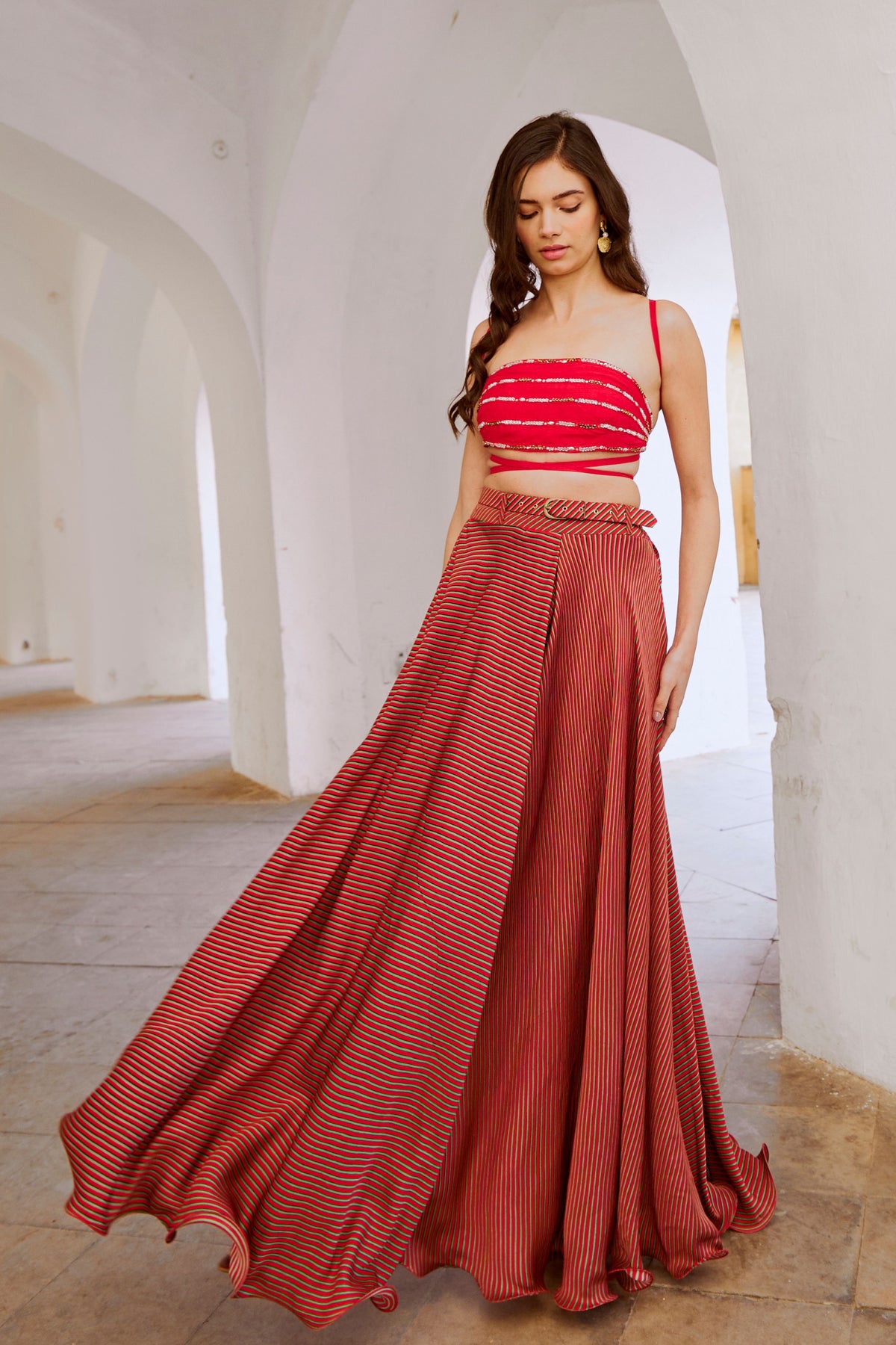 Red Bandeau String Top Skirt Set