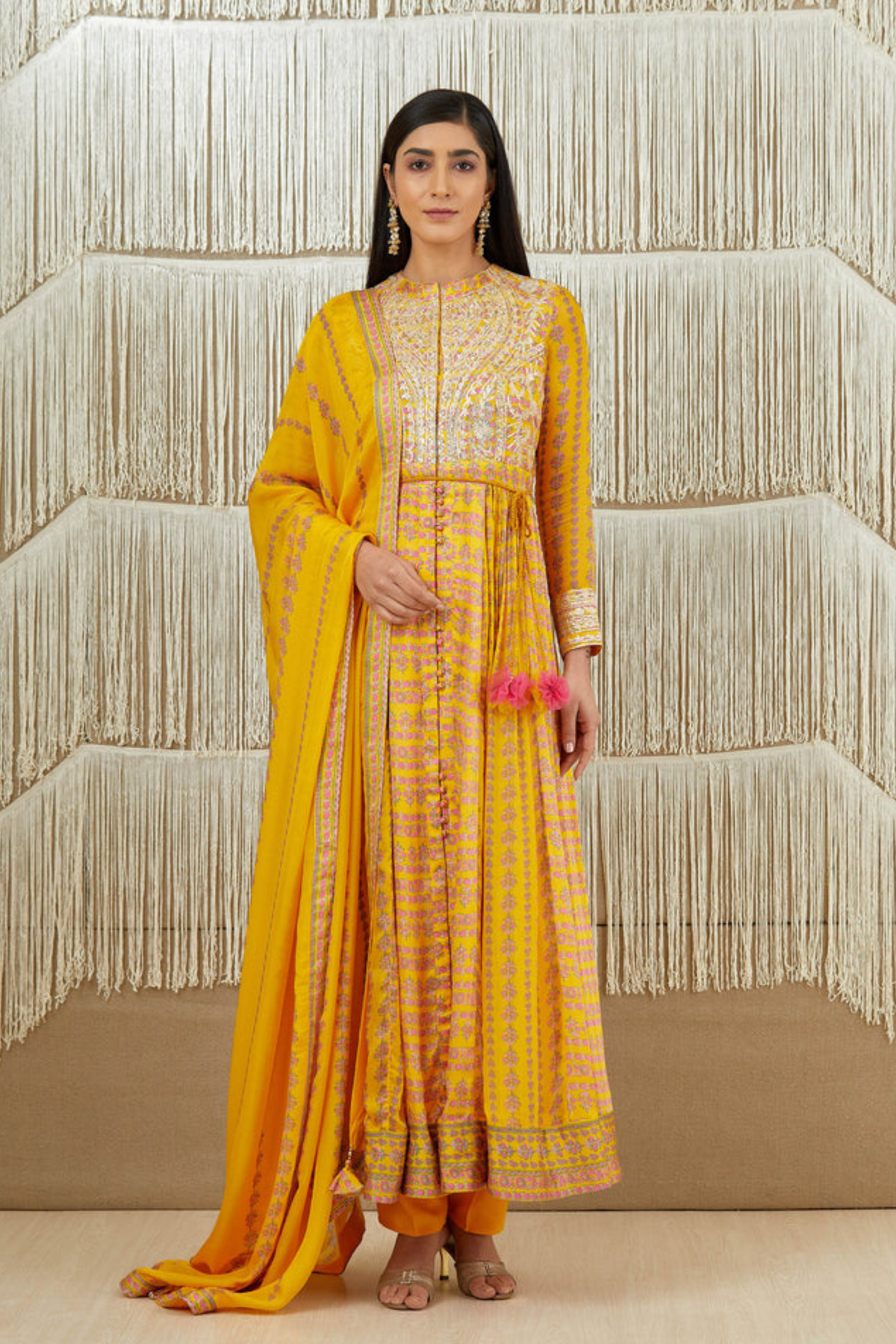 Mustard zardozi embroidered anarkali set