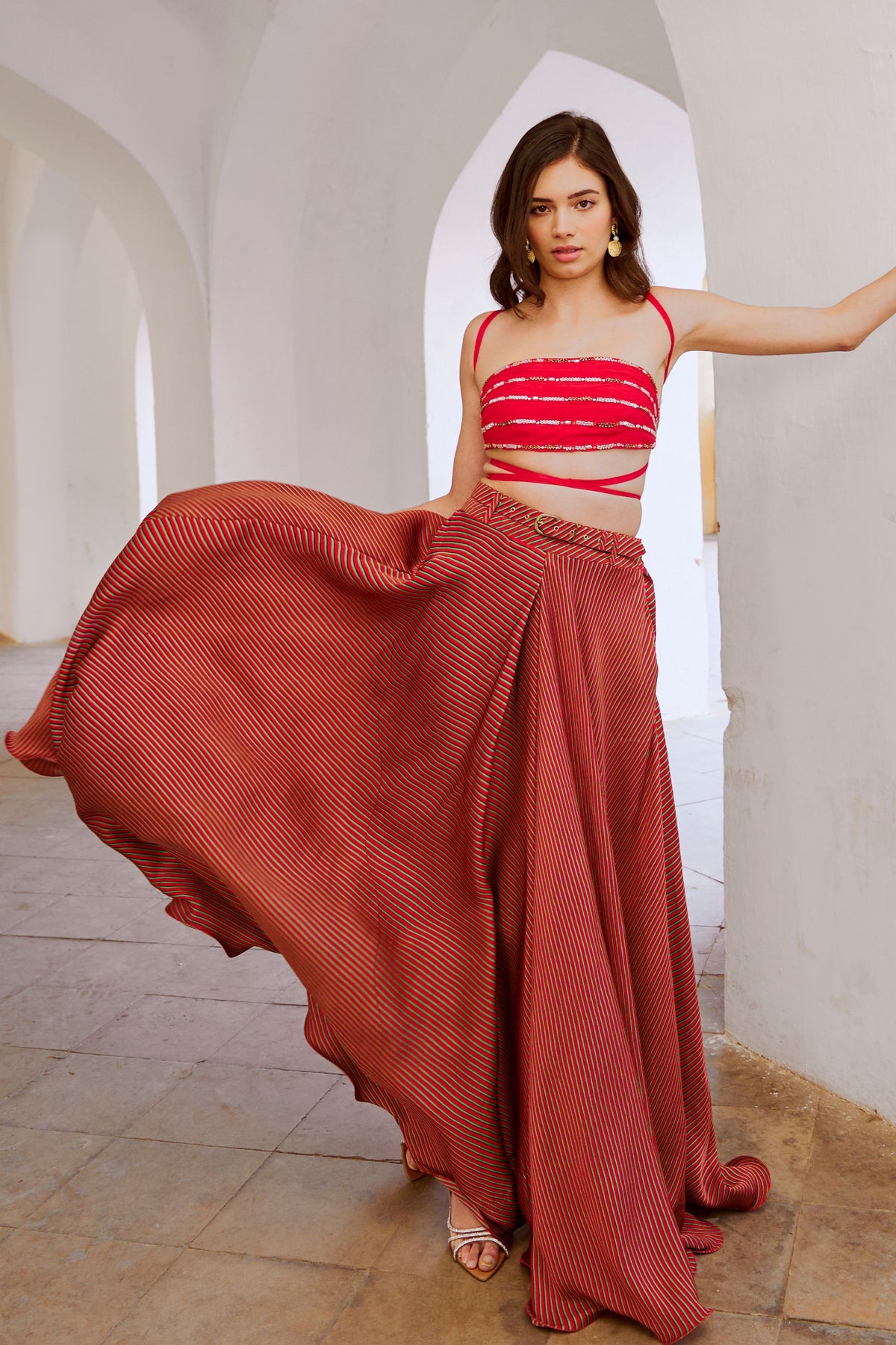 Red Bandeau String Top Skirt Set