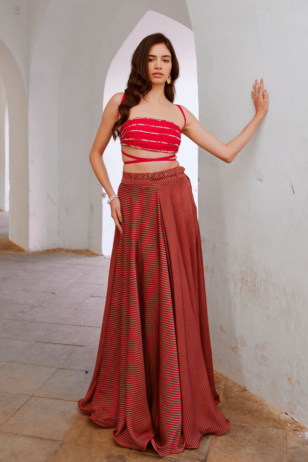 Red Bandeau String Top Skirt Set