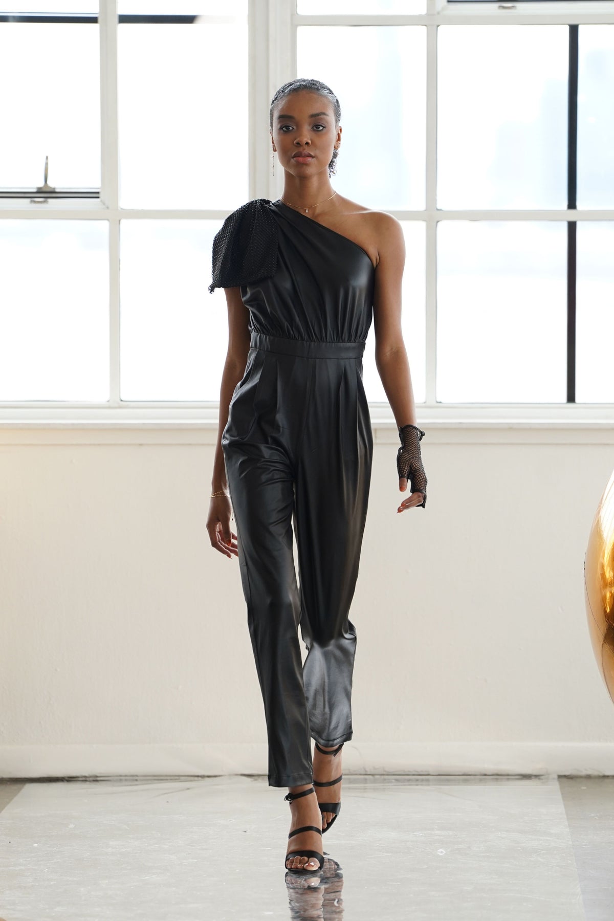 Black One Shoulder Mesh Jumpsuit