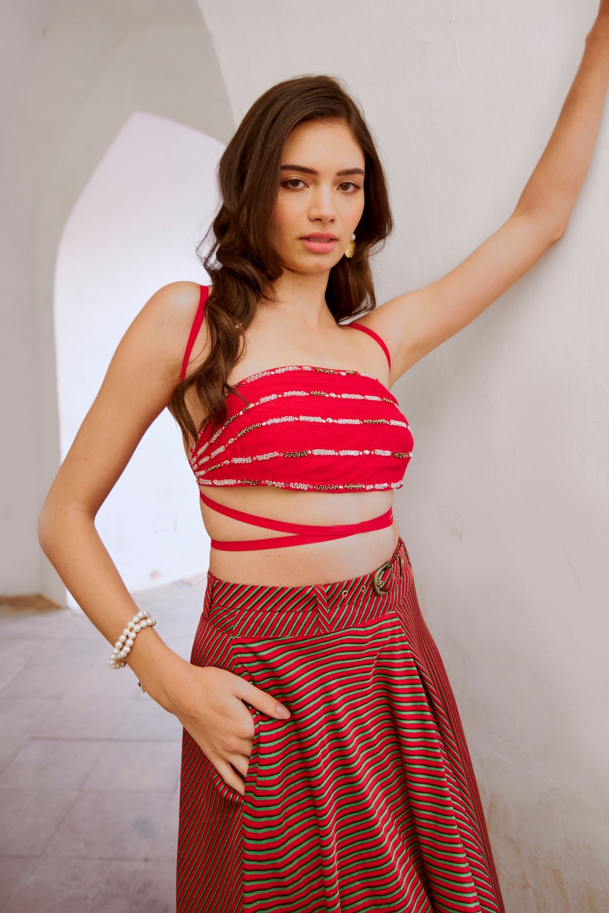 Red Bandeau String Top Skirt Set