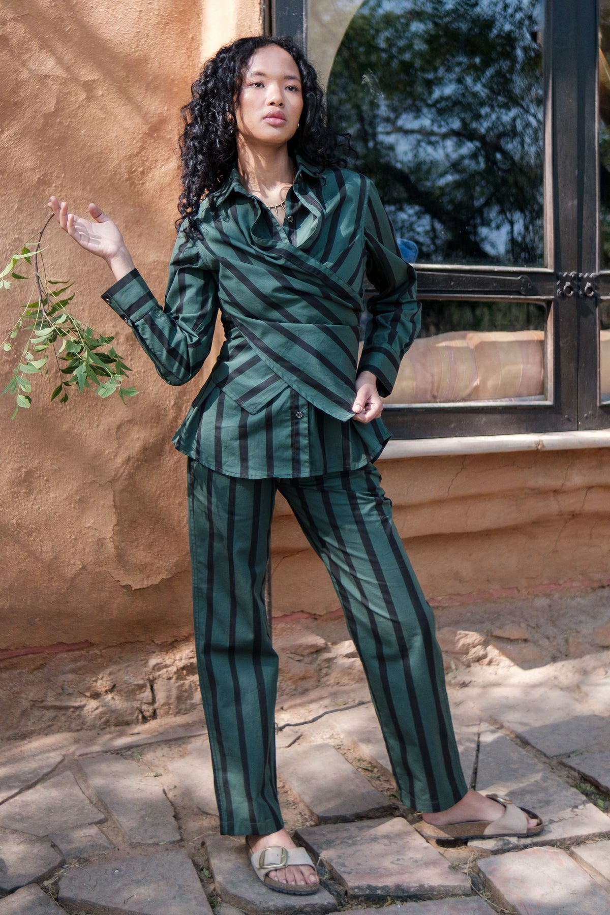 Green Stripes Sandra Straight Pants