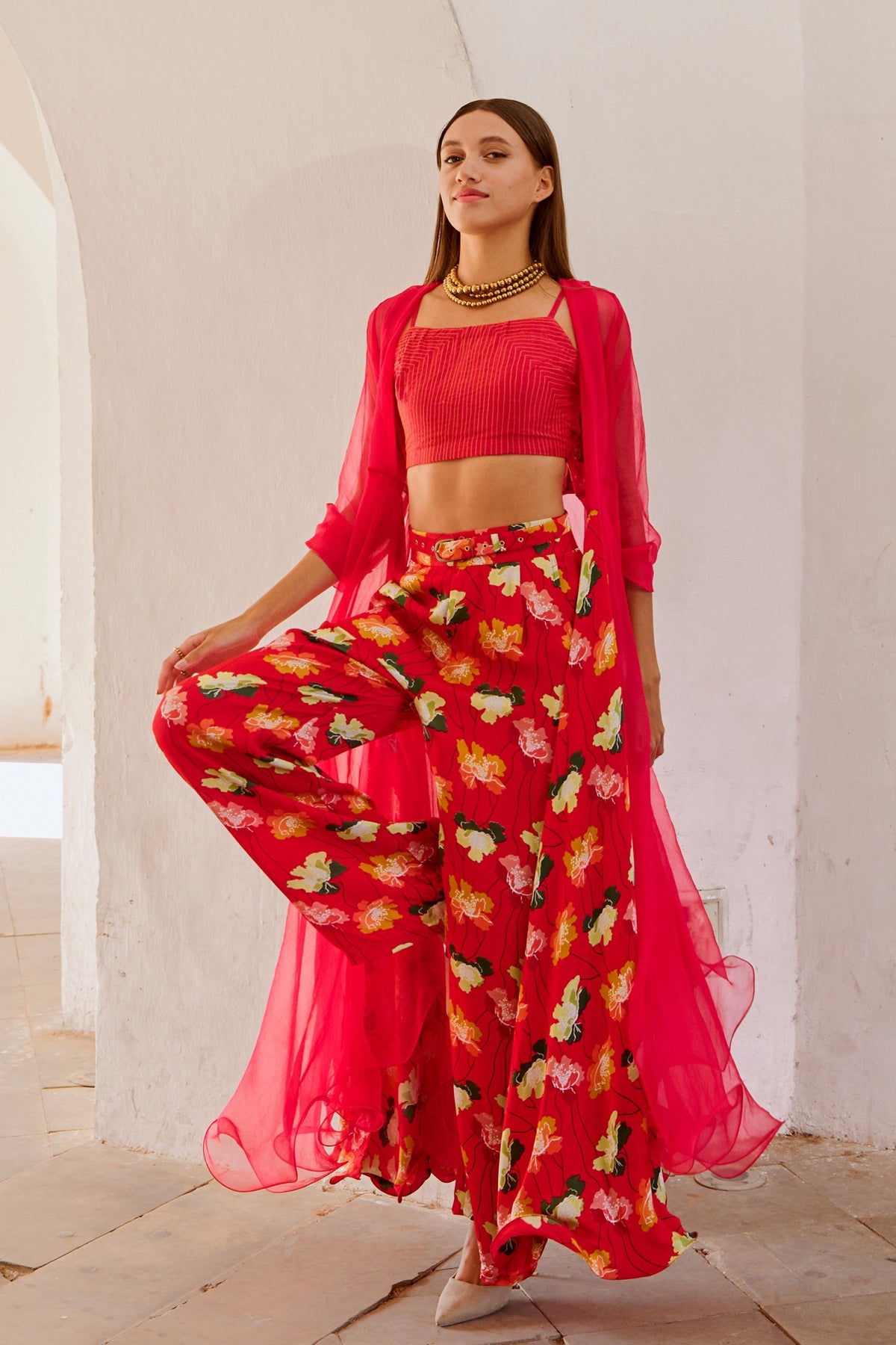 Chilly Red Organza Jacket Culottes Set