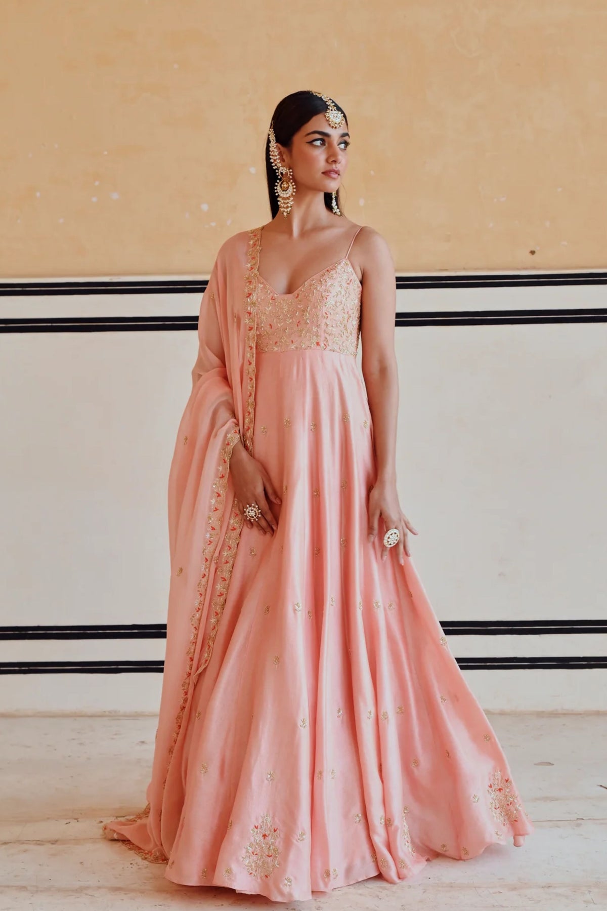 Peach Embroidered Anarakali Set