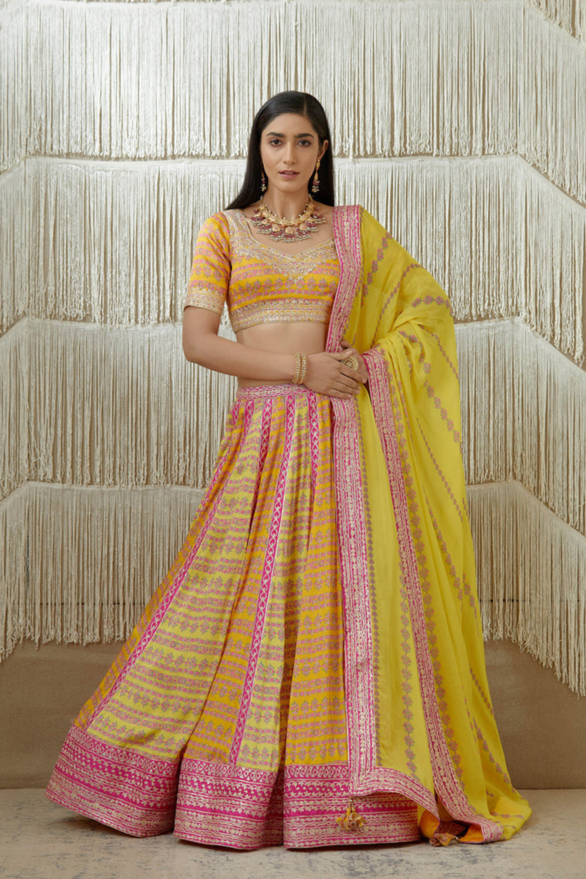 Mustard Gota embroidered printed lehenga