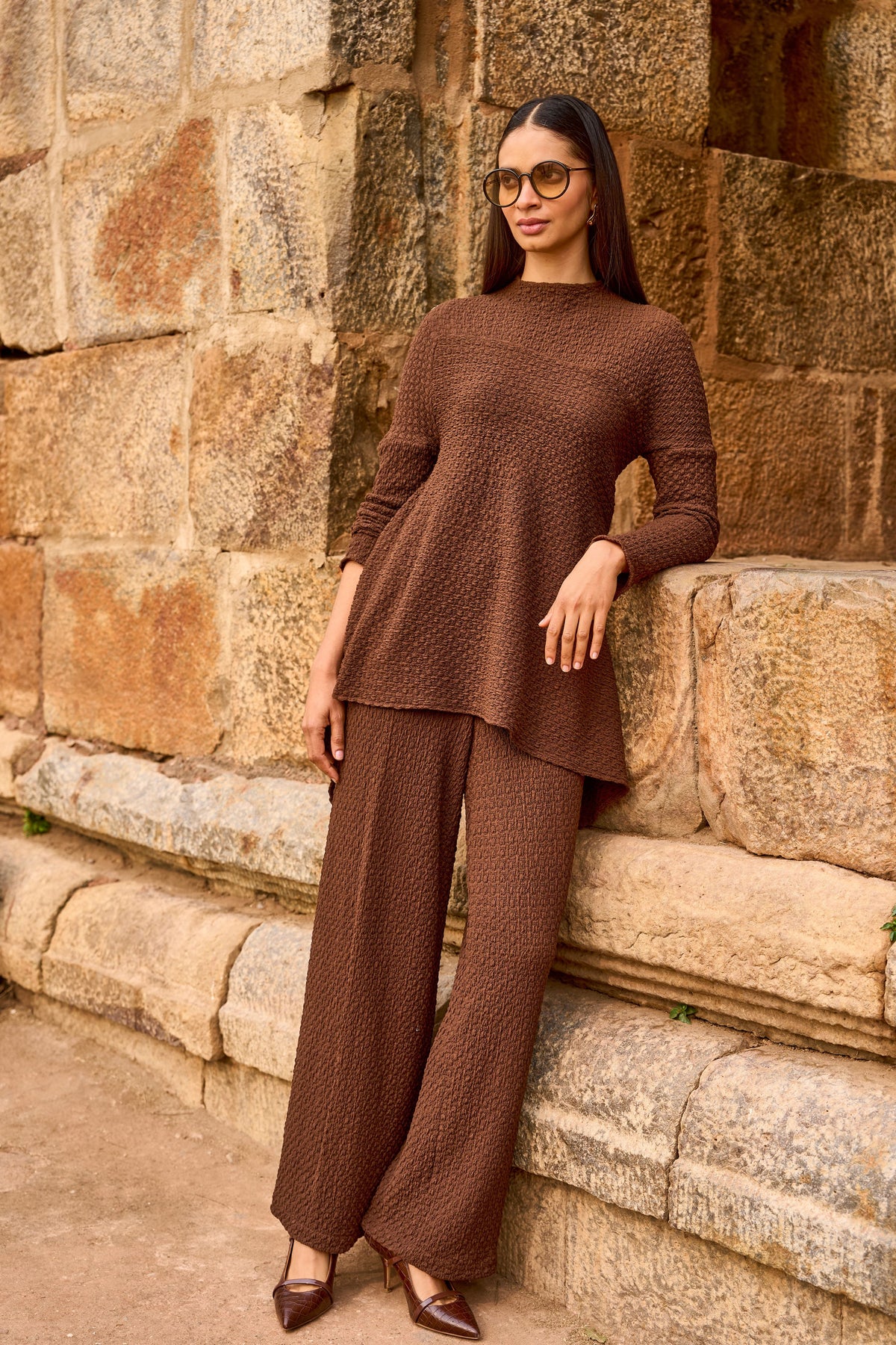 Brown Knit Architectural Top