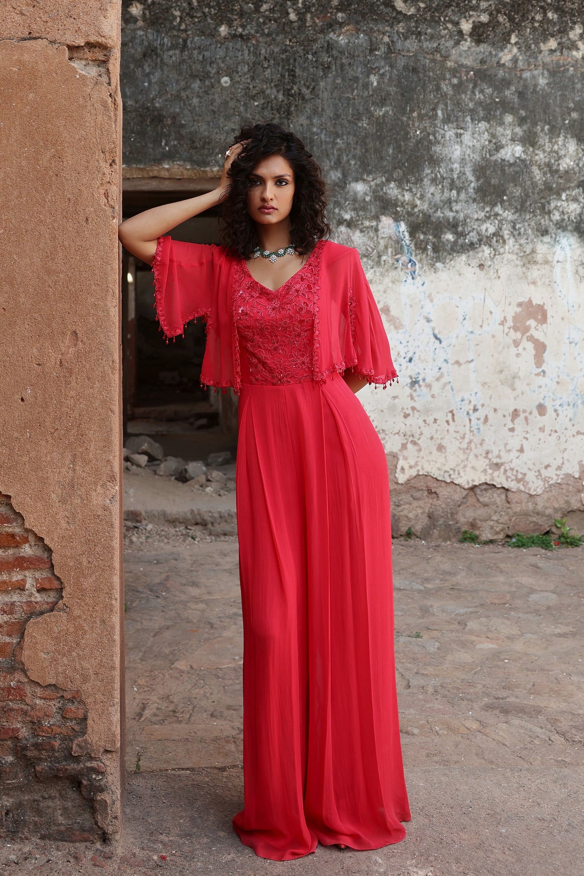 Niyati Pleated Jumpsuit in Coral Pink