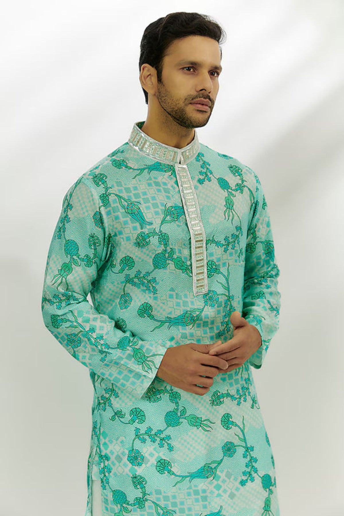 Cyan Blue Printed and Embroiderd Kurta.