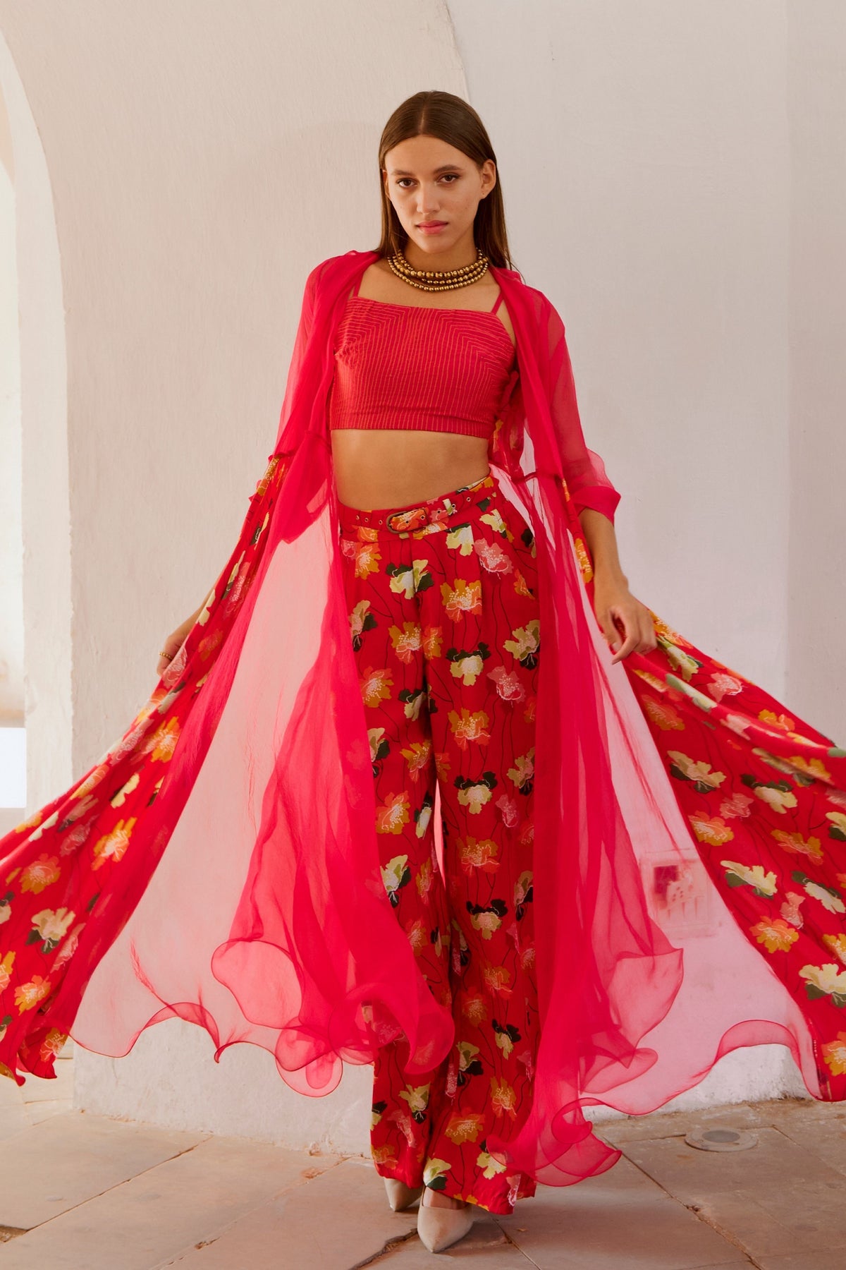 Chilly Red Organza Jacket Culottes Set