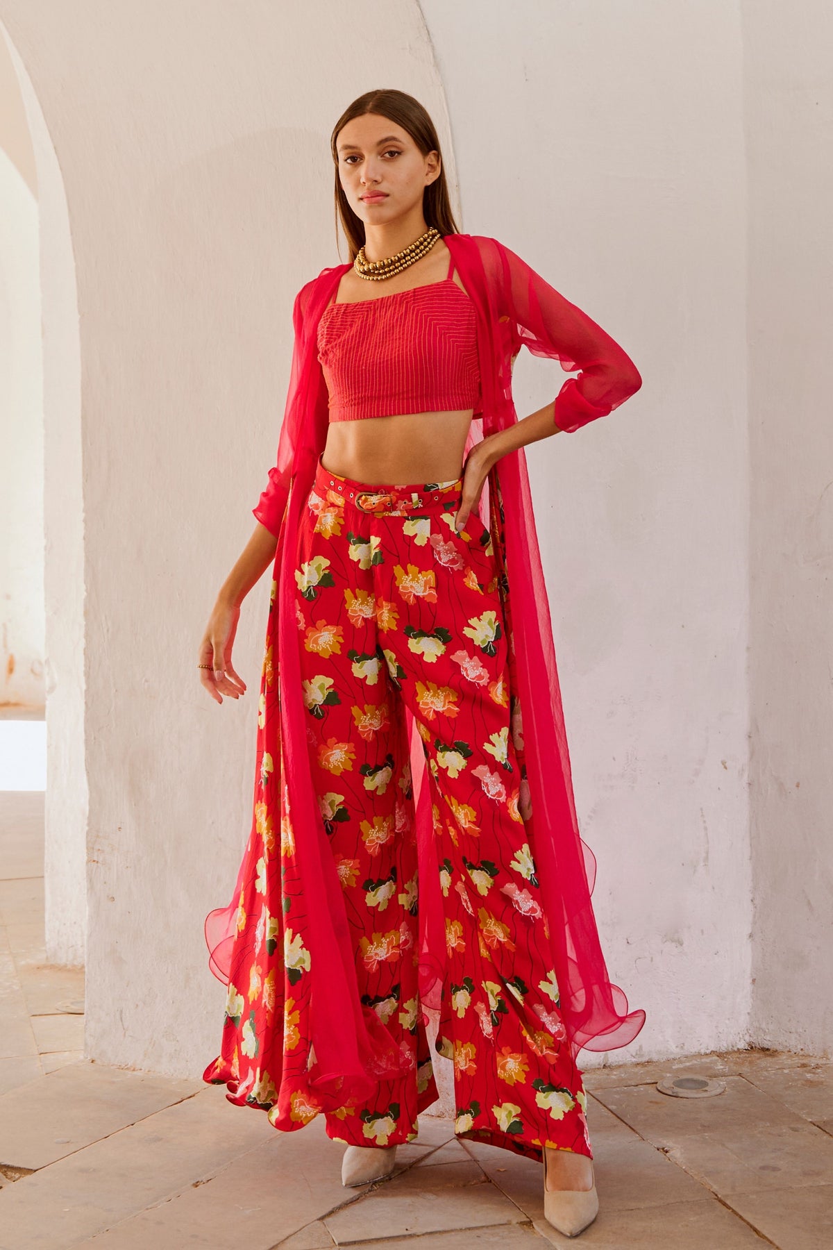 Chilly Red Organza Jacket Culottes Set