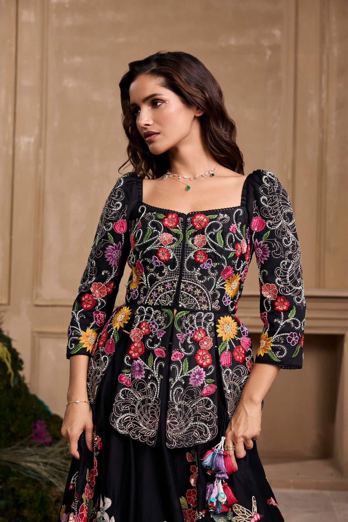 Black Floral Embroidered Panelled Jacket