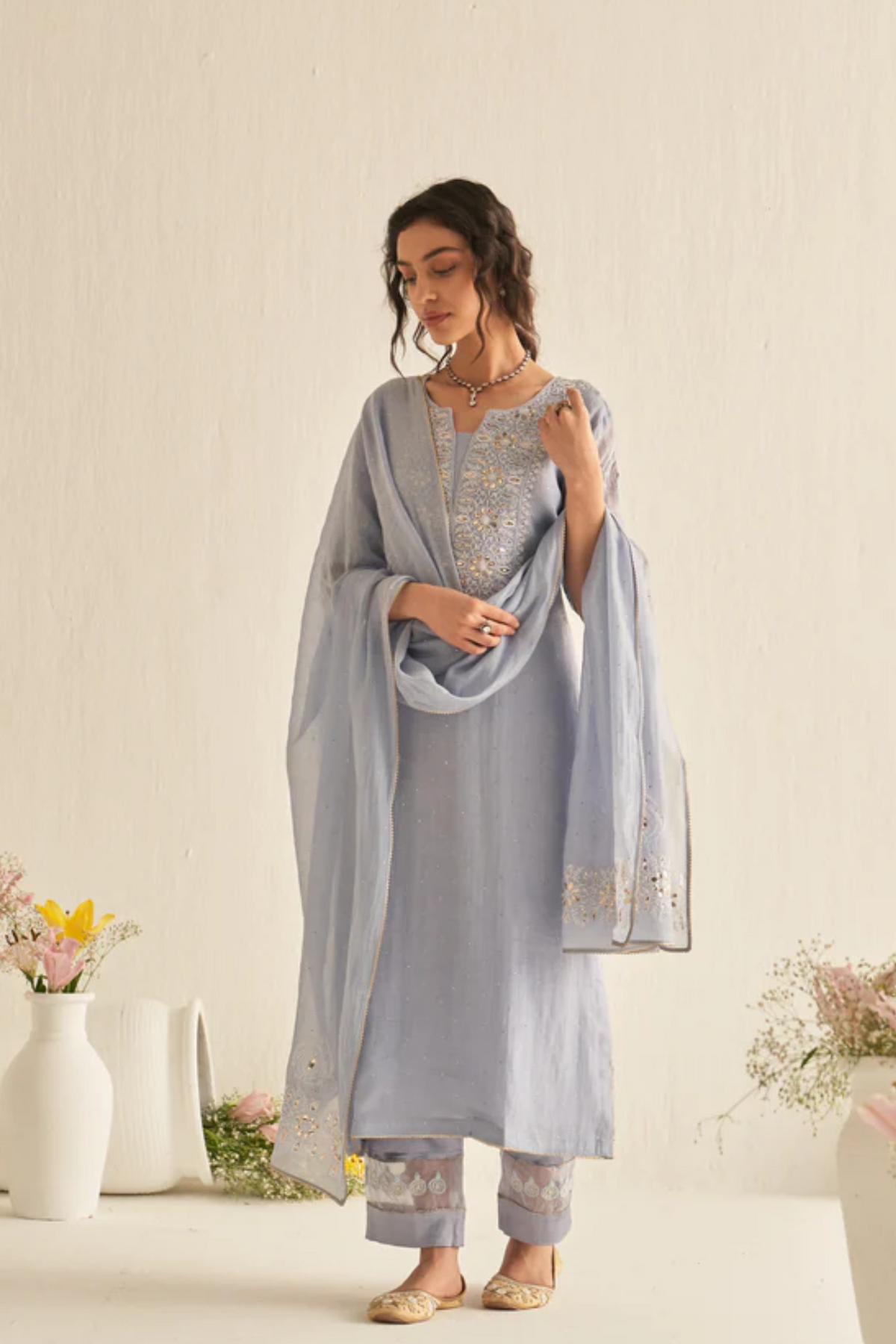 Ash Blue Mul Chanderi Mukaish Kurta Set