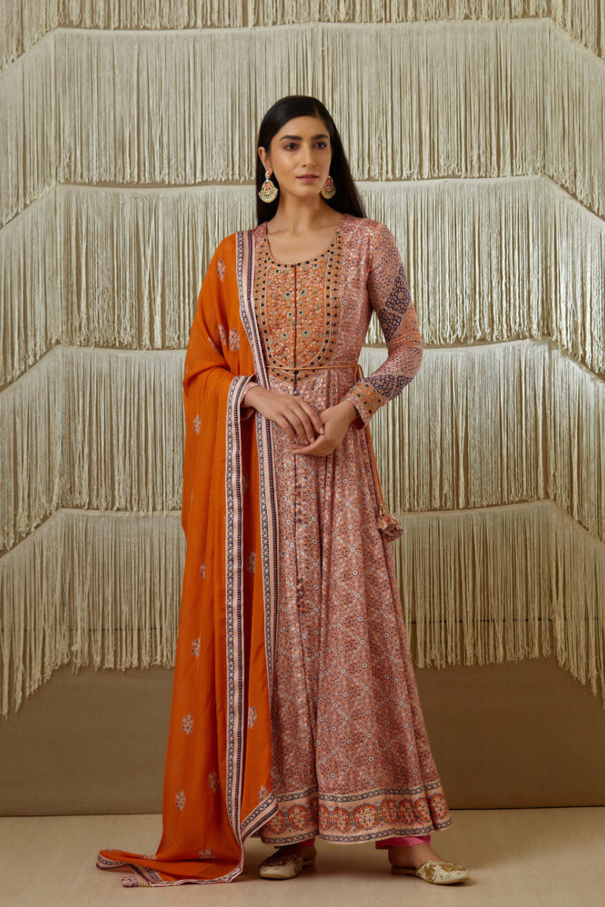 Pink and rust anarkali set