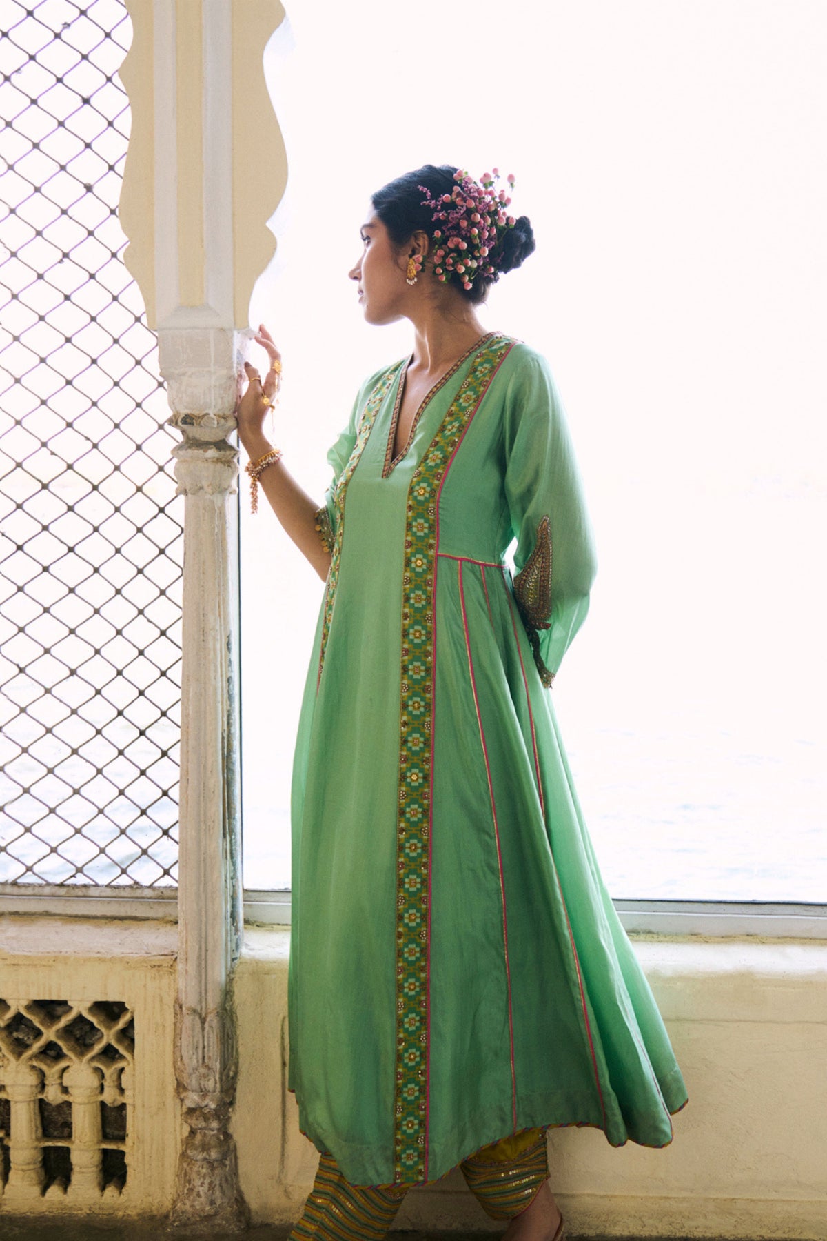 Gul Sage Green Side Kali Silk Kurta Set