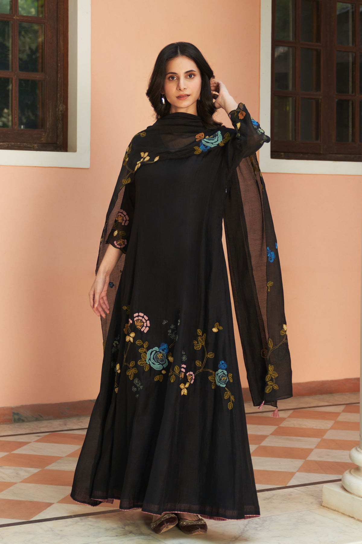 Coal Floral Anarkali Set