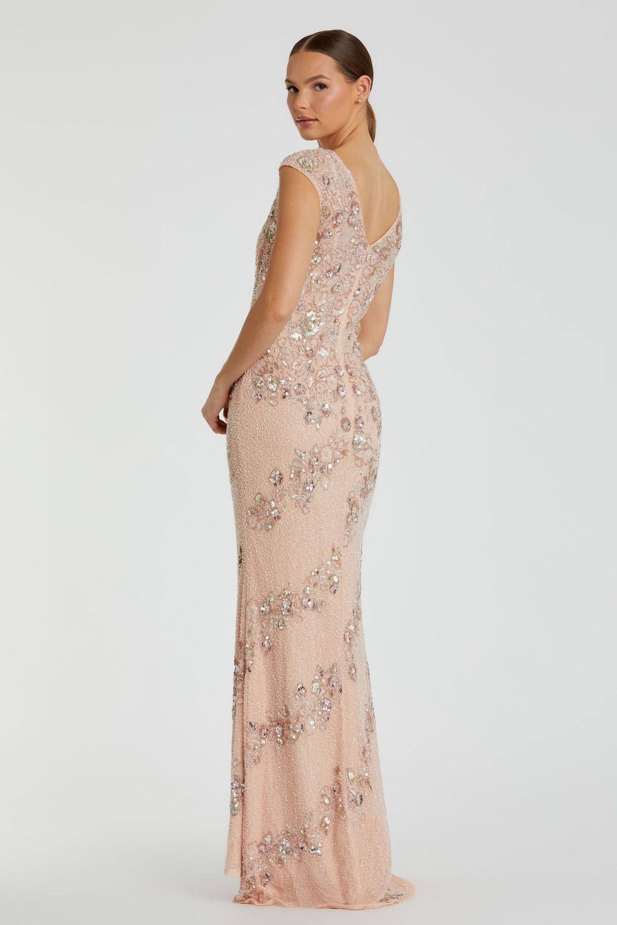 Nude Silver Embellished Bateau Gown