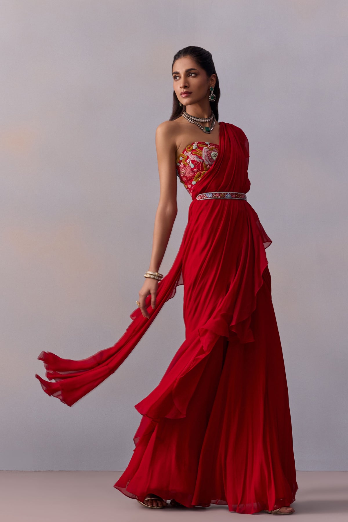 Red Jiah Pre-draped Saree Set