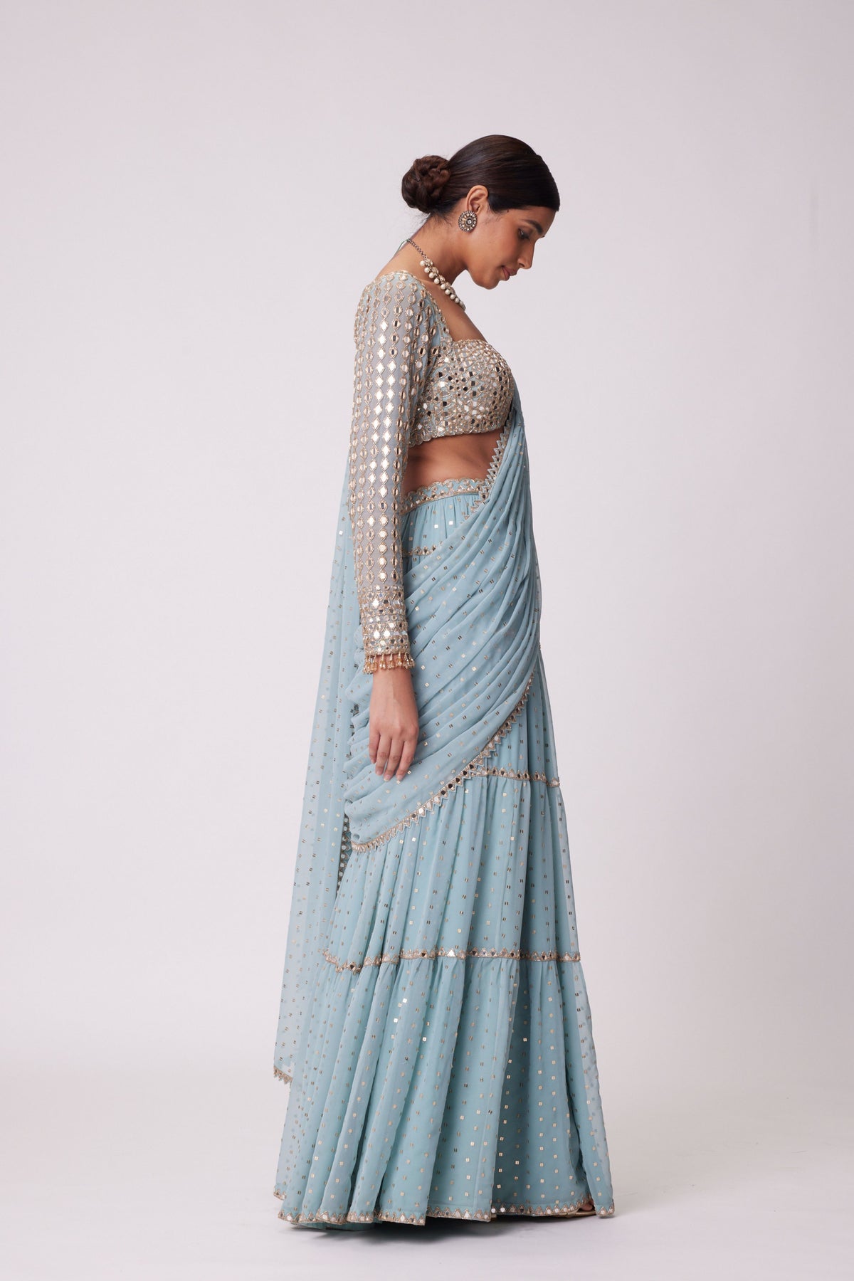 Powder Blue Multitier Saree Set