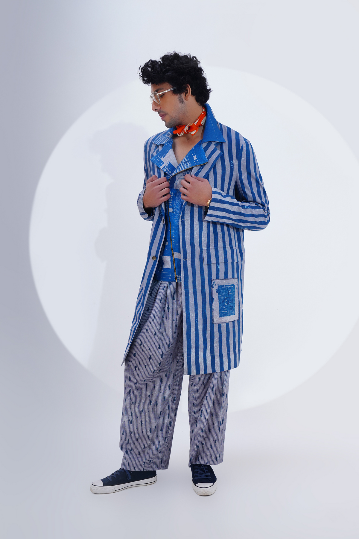 Blue Striped Printed Lapel Long Jacket