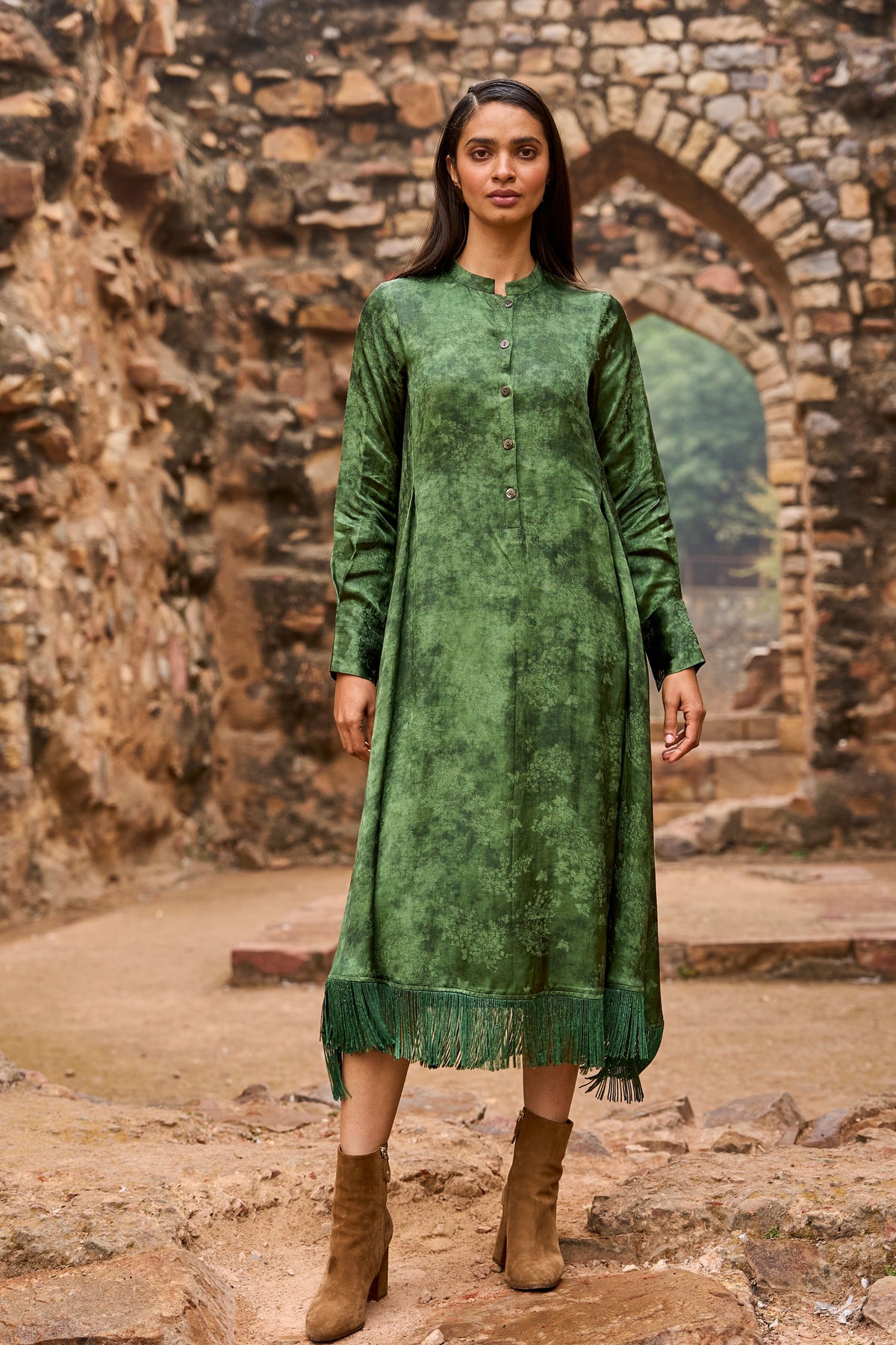 Forest Fringe Midi Shirt Dress