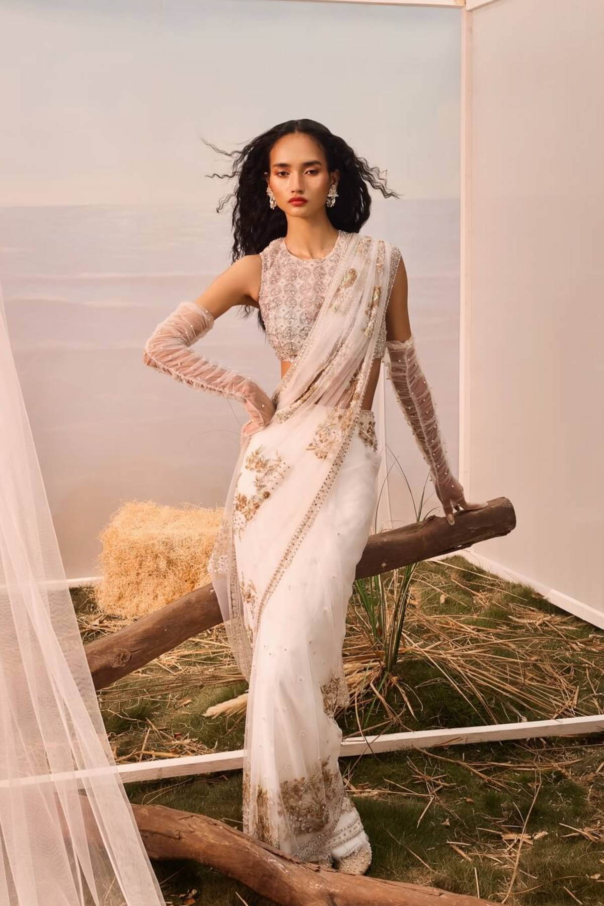 White Pre-stitched Saree Set
