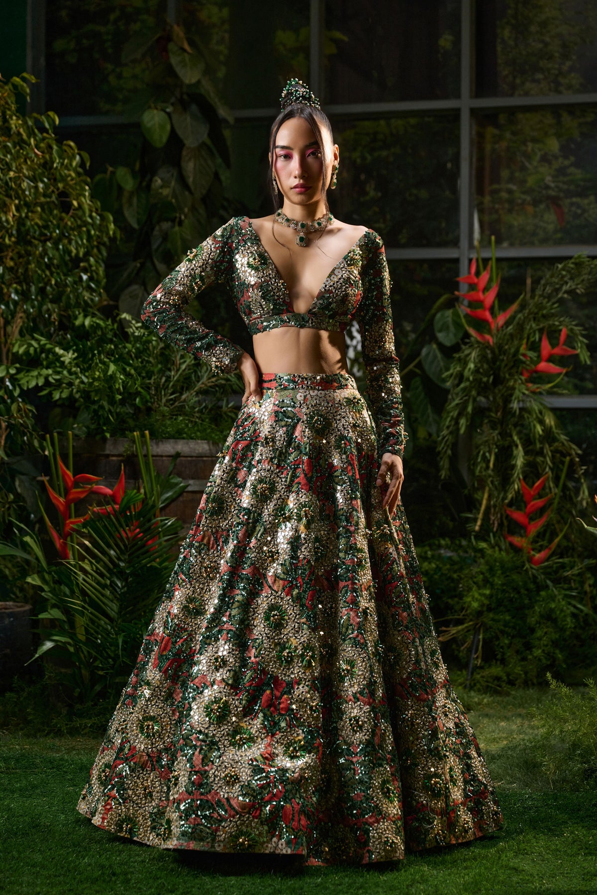 Forest Green &amp; Red Lehenga