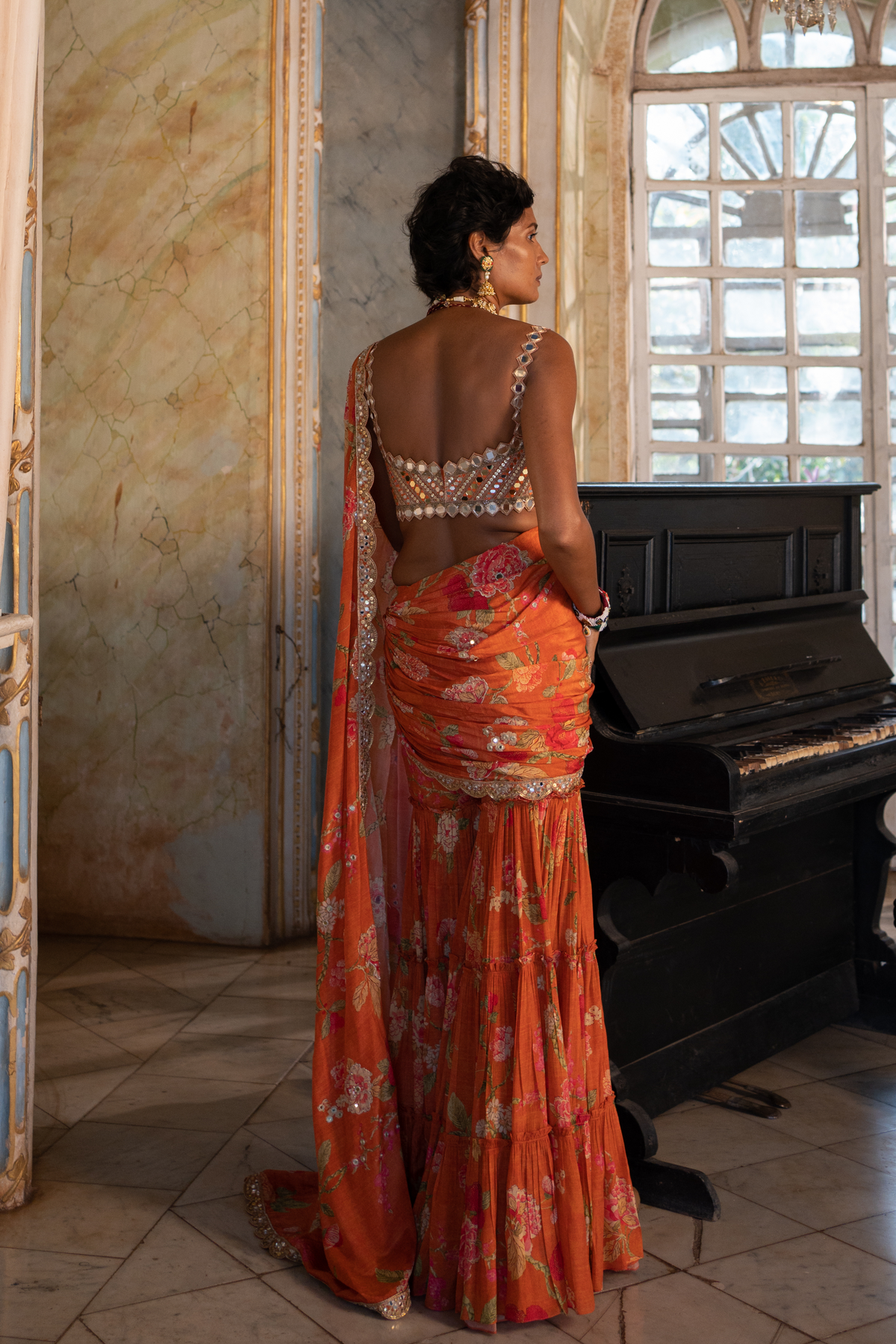 Burnt Orange Floral Sari Set