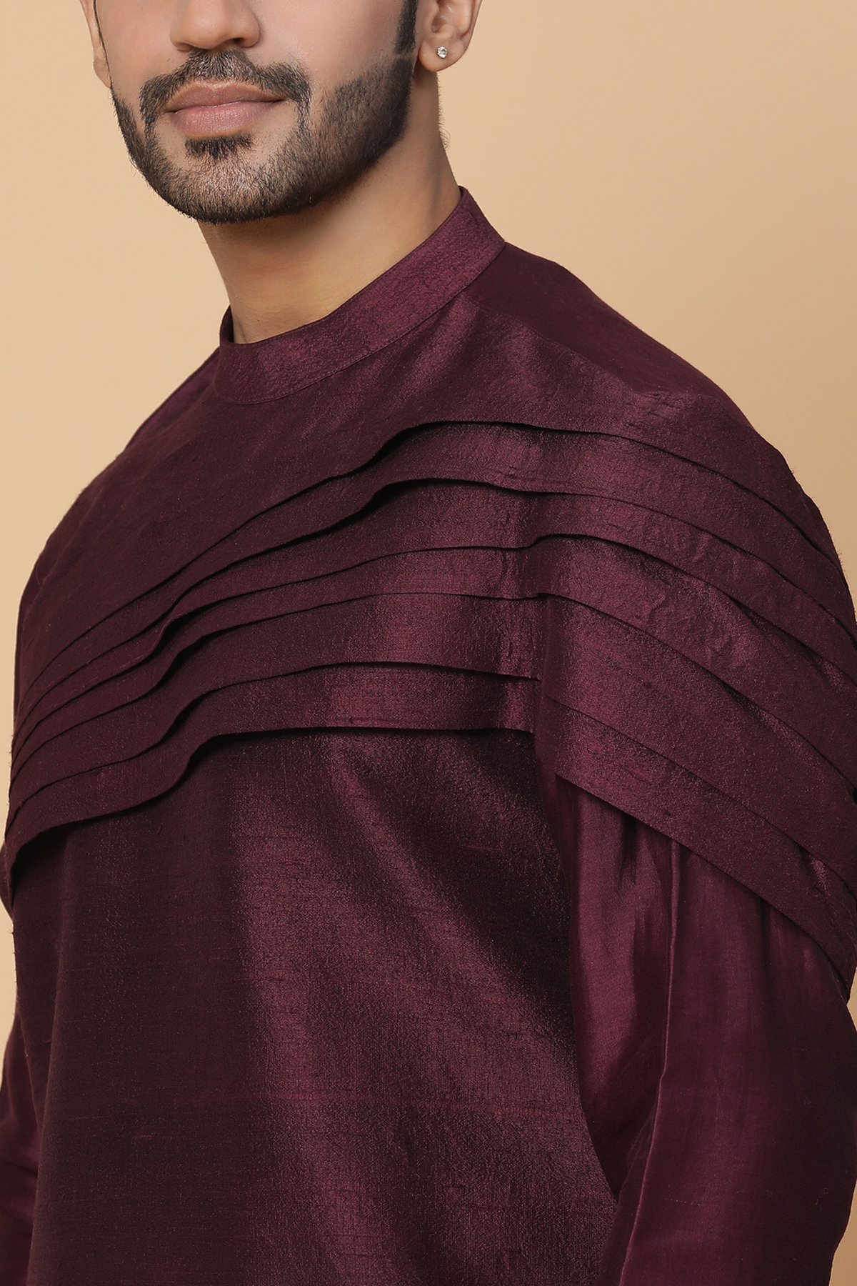 Maroon silk shoulder pleated kurta set