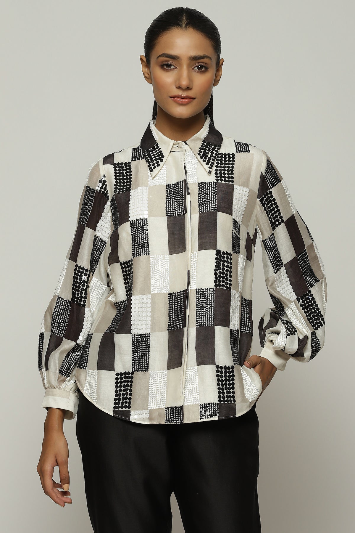 Print And Sequins Blocks Shirt