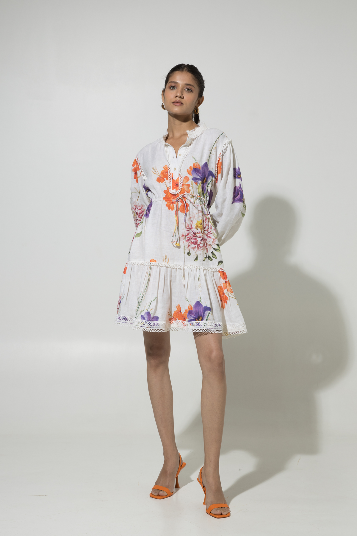 White Iris Print Drawstring Linen Dress